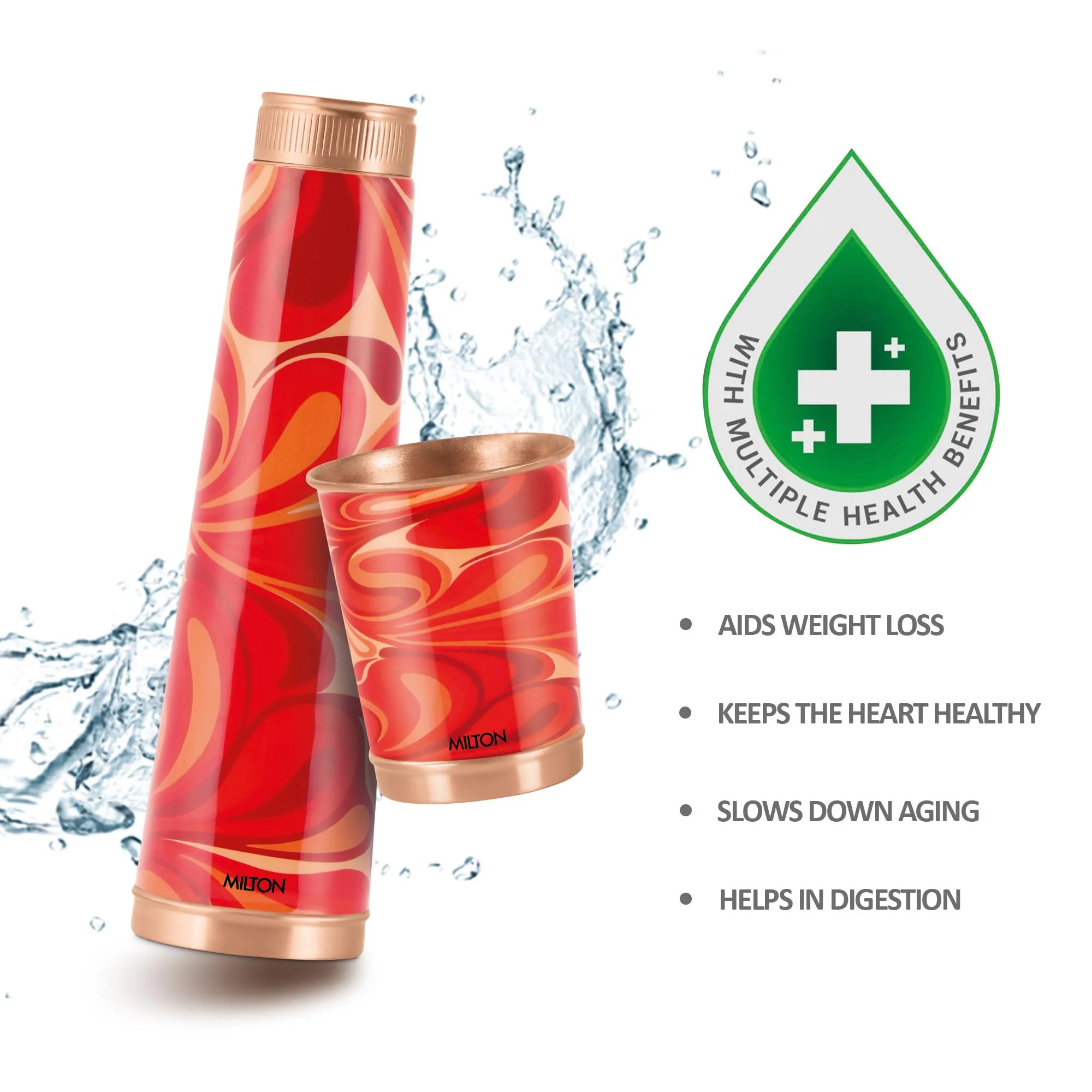 Milton Copper Eterna Diwali Gift Set (1 - Bottle 930 ml and 2-Tumbler 290 ml Each) Abstract Red Lacquer Coating Curved Bottle - Image 3