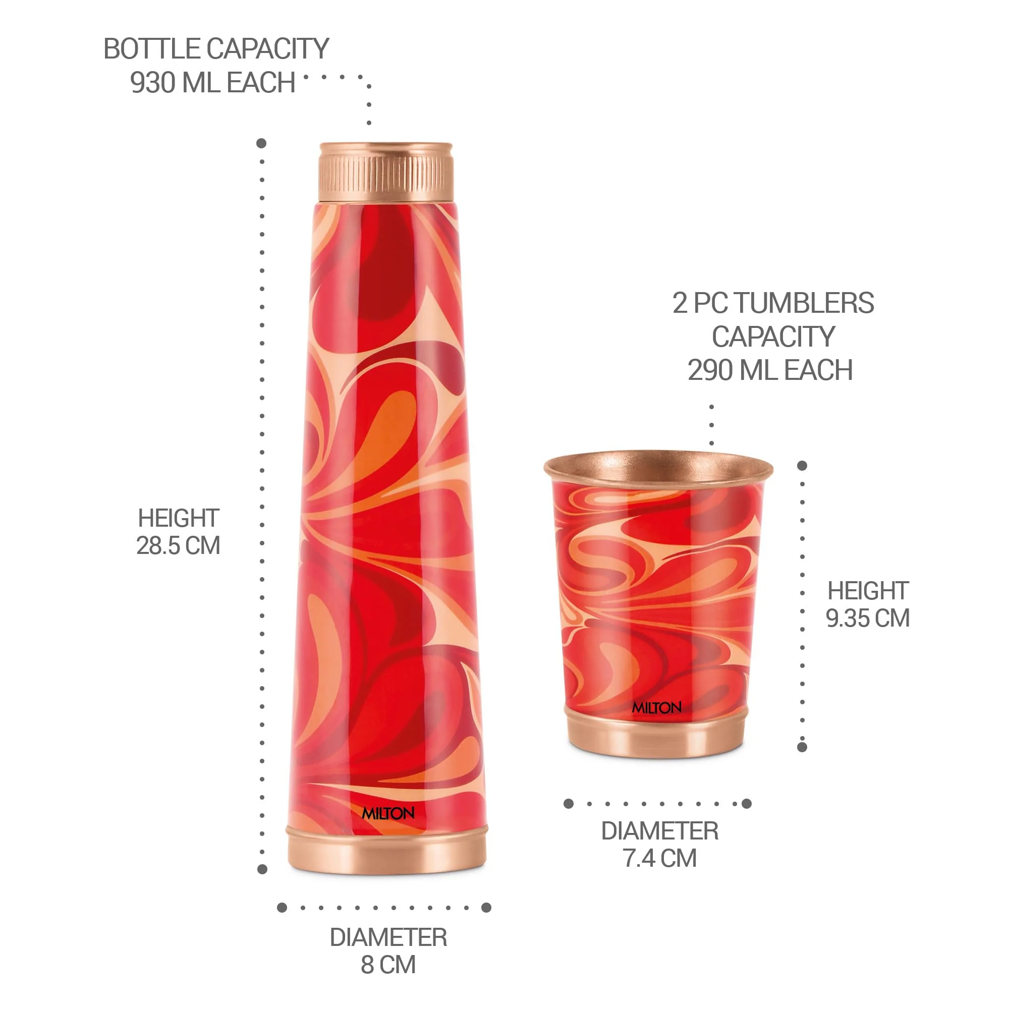 Milton Copper Eterna Diwali Gift Set (1 - Bottle 930 ml and 2-Tumbler 290 ml Each) Abstract Red Lacquer Coating Curved Bottle - Image 4