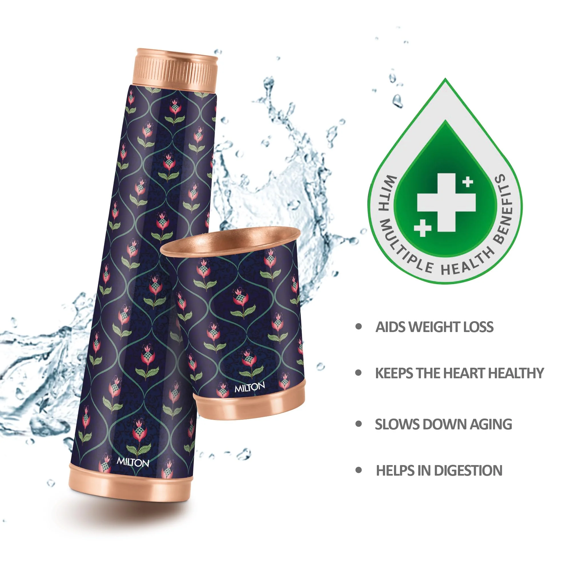 Milton Copper Eterna Diwali Gift Set (1- Bottle 930 ml and 2-Tumbler 290 ml Each) Ethnic Blue - Image 2