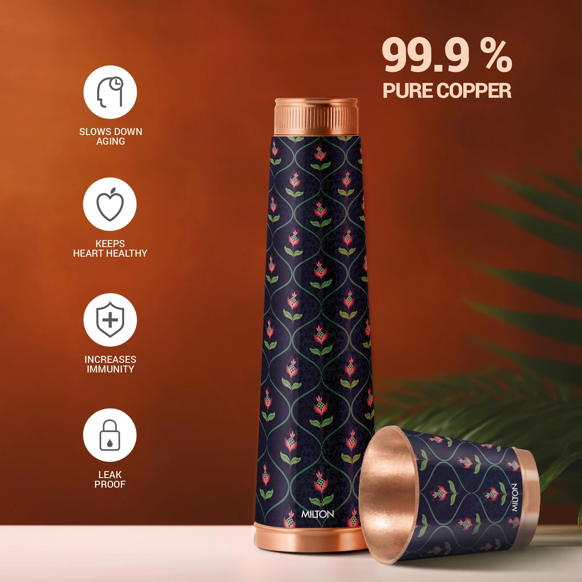 Milton Copper Eterna Diwali Gift Set (1- Bottle 930 ml and 2-Tumbler 290 ml Each) Ethnic Blue - Image 3