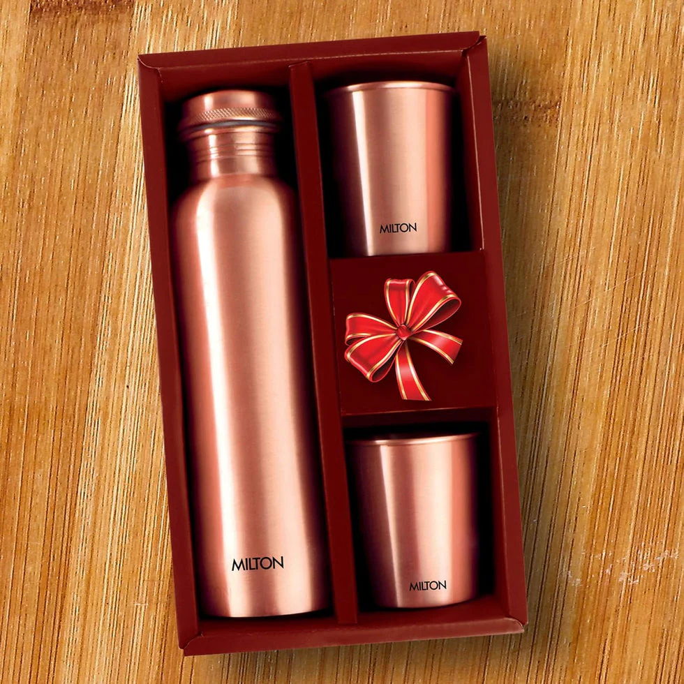 Milton Copperas Gift Set of 2 bottles 950ml with 2 pc Tumbler 100% Pure Copper BPA Free Leak Proof Office Bottle Boosts Immunity Supports Digestive & Liver Health Ayurveda Inspired