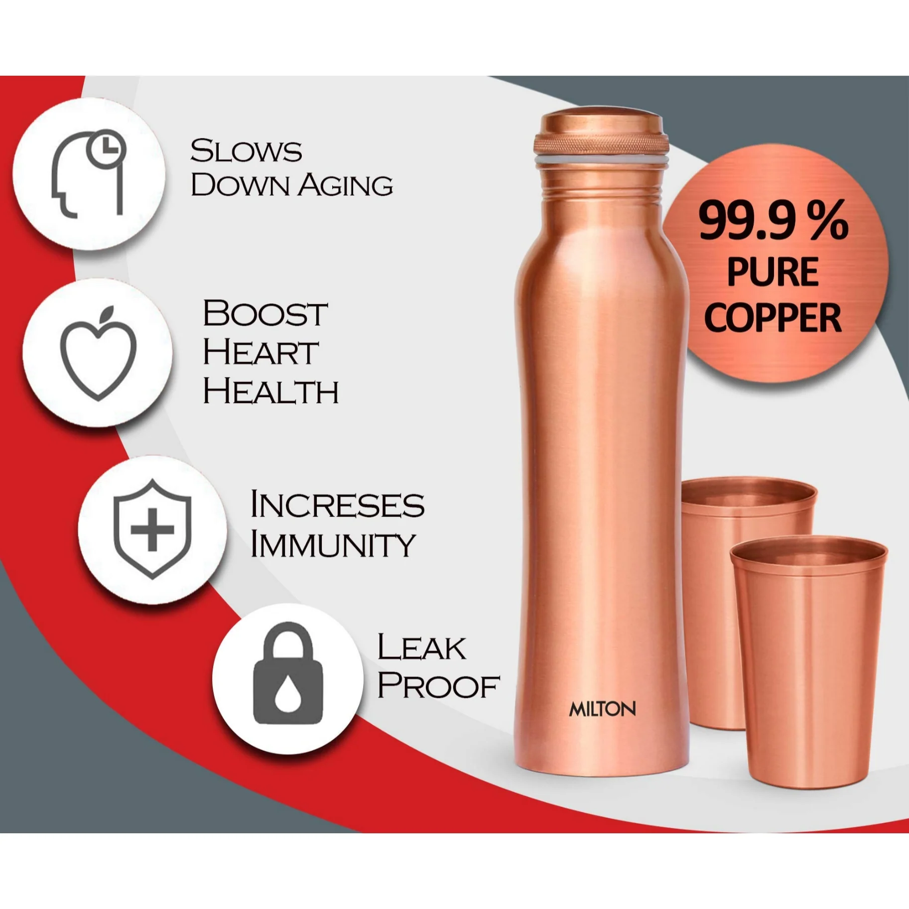 Milton Copperas Gift Set of 2 bottles 950ml with 2 pc Tumbler 100% Pure Copper BPA Free Leak Proof Office Bottle Boosts Immunity Supports Digestive & Liver Health Ayurveda Inspired - Image 4