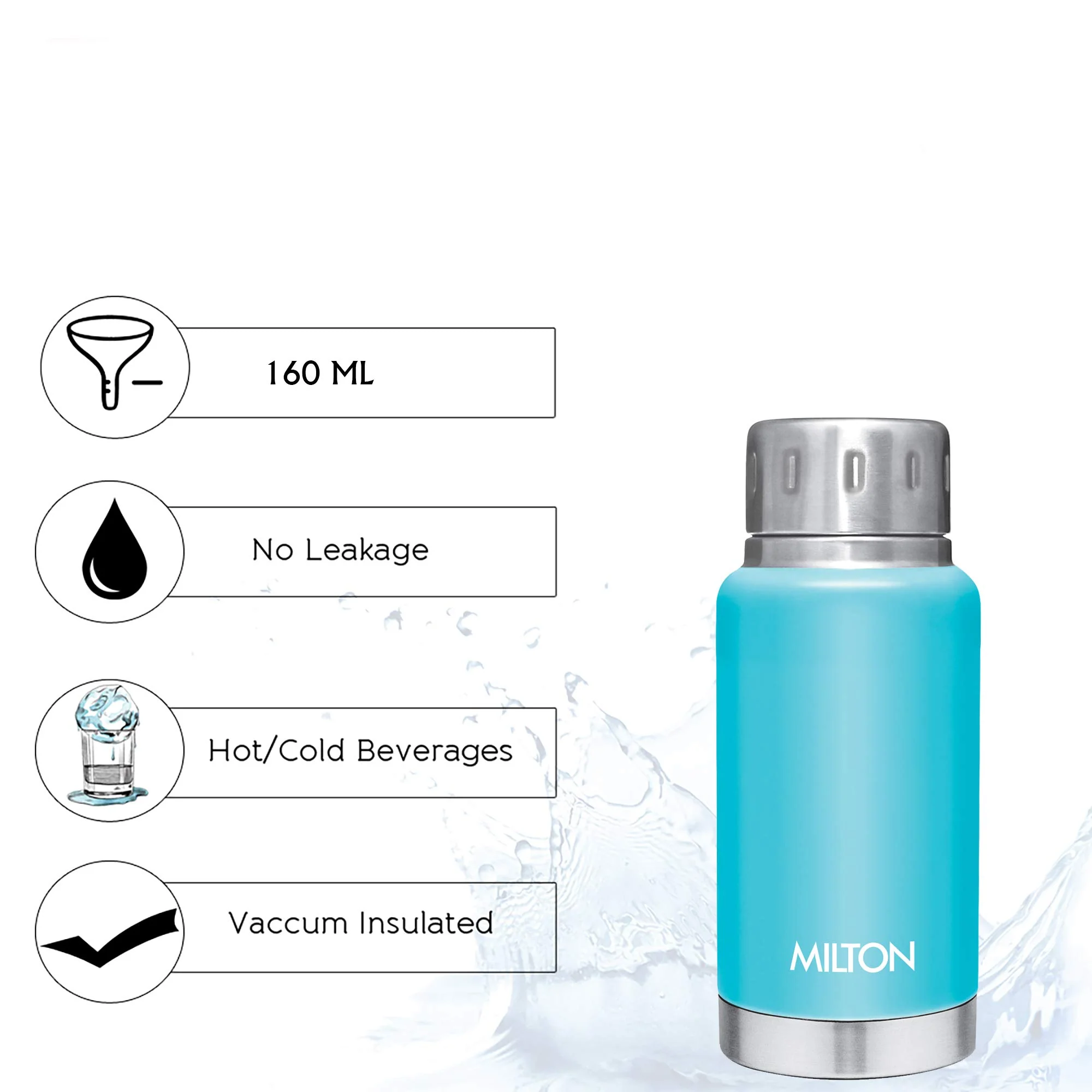 Milton Elfin 160 Thermosteel Bottle, 160 ml Water Bottles, 24 Hours Hot and Cold, Easy to Carry, Easy Grip, Rust Proof, Tea, Coffee, Office, Travel Bottle, Light Blue - Image 2