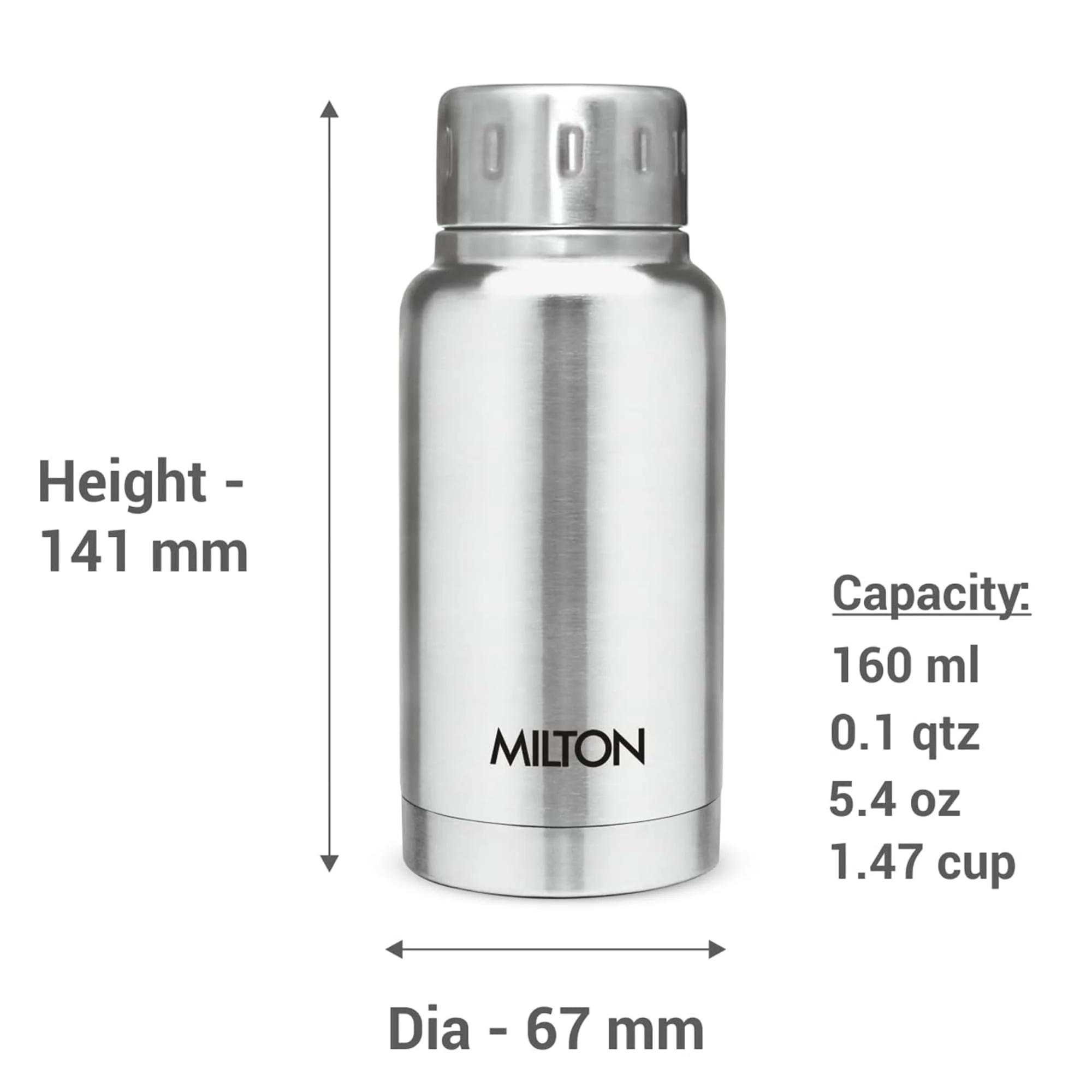 Milton Elfin 160 Thermosteel Bottle, 160 ml Water Bottles, 24 Hours Hot and Cold, Easy to Carry, Easy Grip, Rust Proof, Tea, Coffee, Office, Travel Bottle, Silver - Image 2