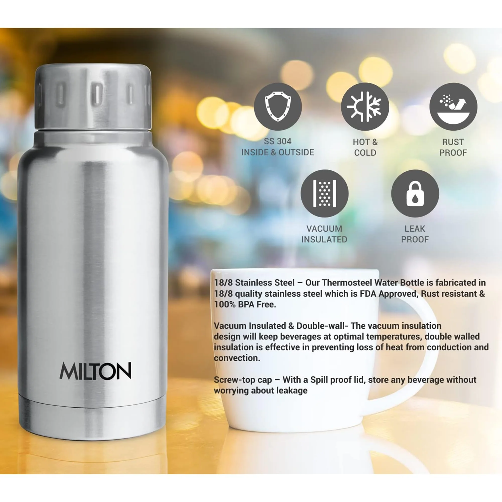 Milton Elfin 160 Thermosteel Bottle, 160 ml Water Bottles, 24 Hours Hot and Cold, Easy to Carry, Easy Grip, Rust Proof, Tea, Coffee, Office, Travel Bottle, Silver - Image 3