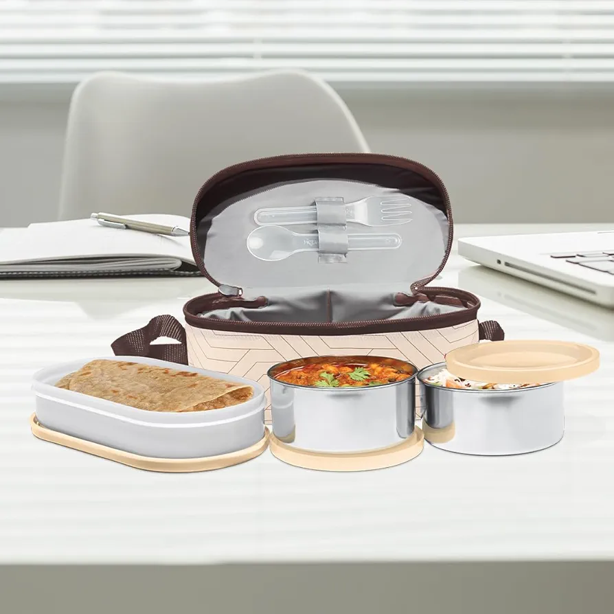 Milton Executive Lunch Box 2 Inner Steel Round Containers 280ml Each and 1 Microwave Safe Oval Plastic Container 450ml with Insulated Bag Office Tiffin Leakproof Easy to Carry - Beige - Image 7