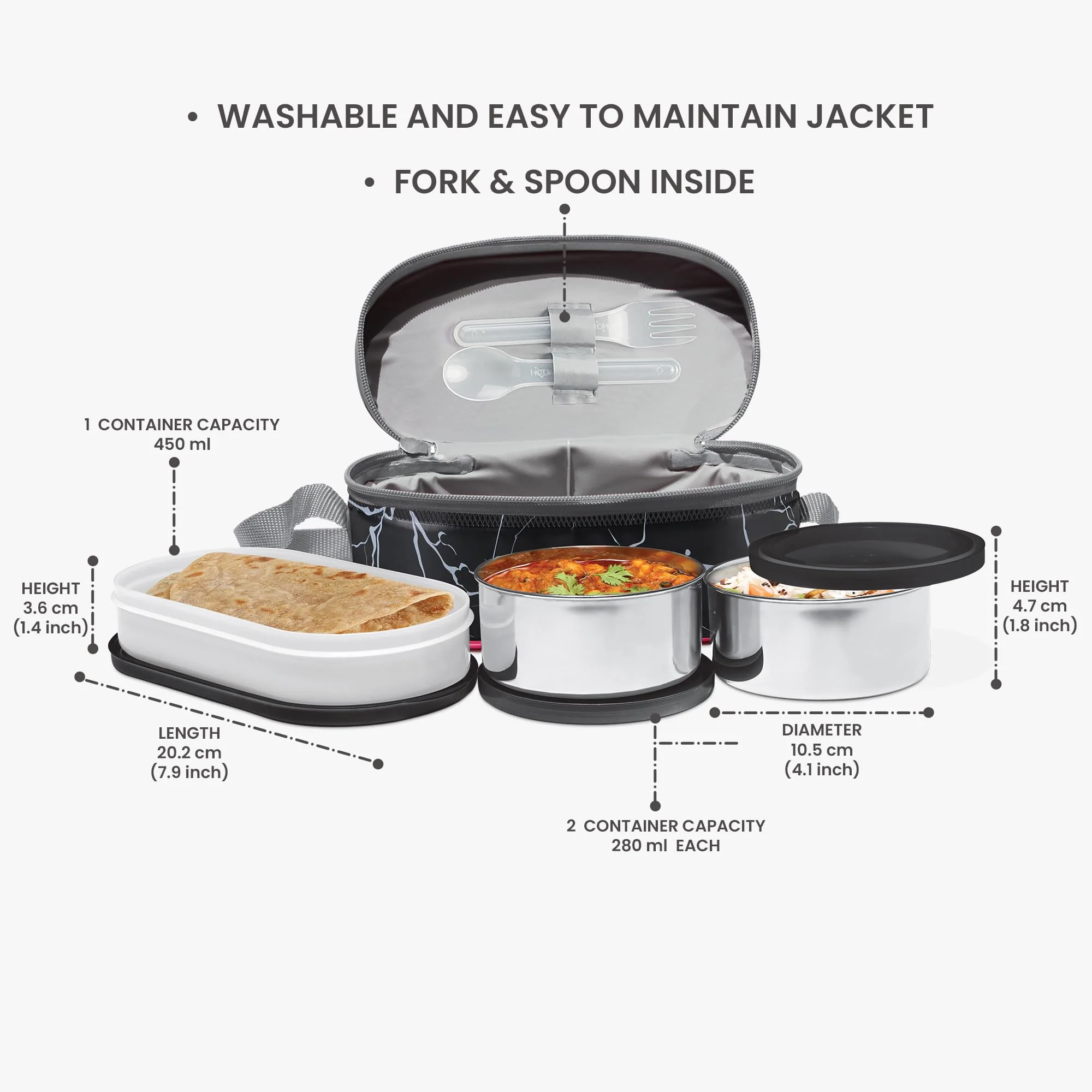 Milton Executive Lunch Box 2 Inner Steel Round Containers 280ml Each and 1 Microwave Safe Oval Plastic Container 450ml with Insulated Bag Office Tiffin Leakproof Easy to Carry - Black - Image 3