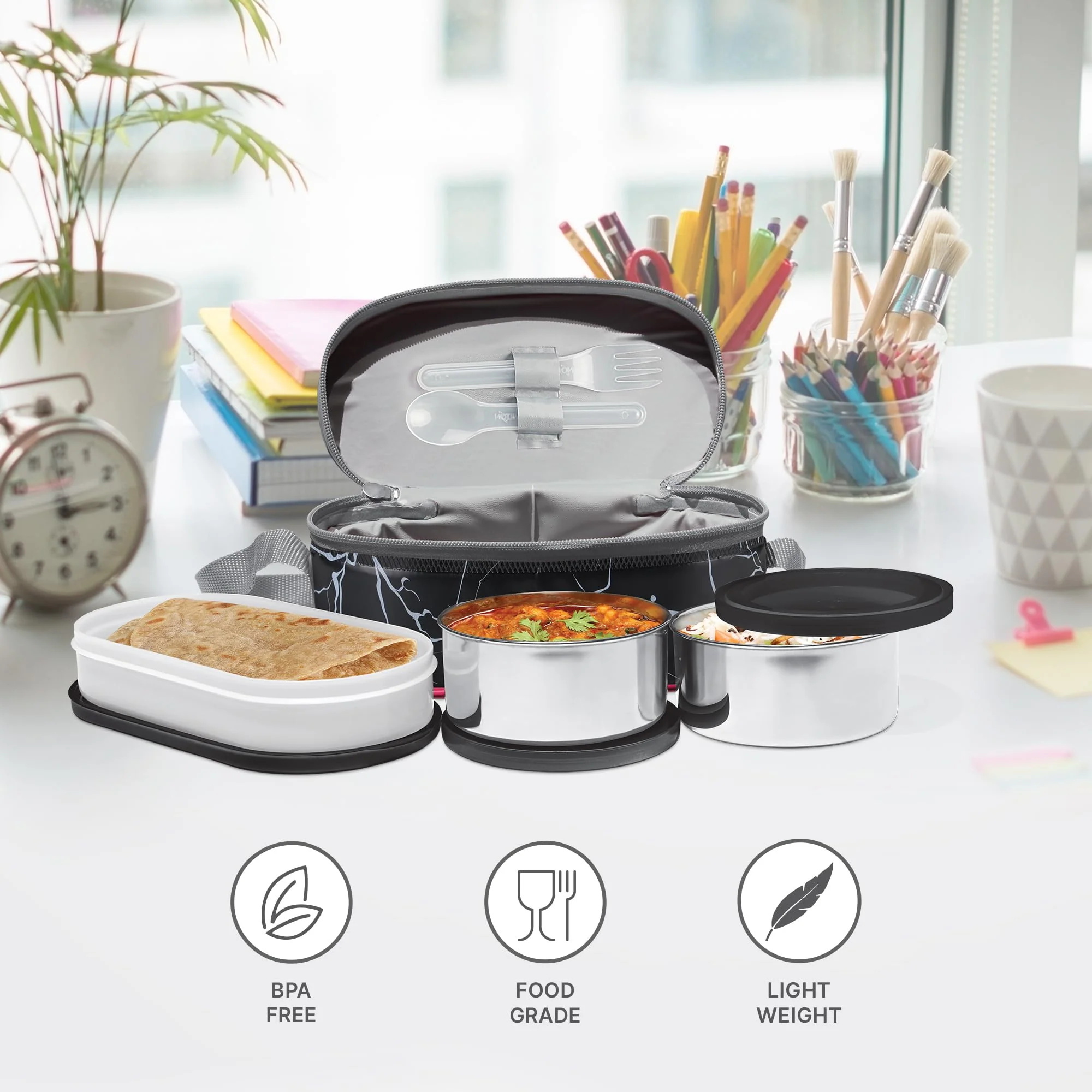 Milton Executive Lunch Box 2 Inner Steel Round Containers 280ml Each and 1 Microwave Safe Oval Plastic Container 450ml with Insulated Bag Office Tiffin Leakproof Easy to Carry - Black - Image 4
