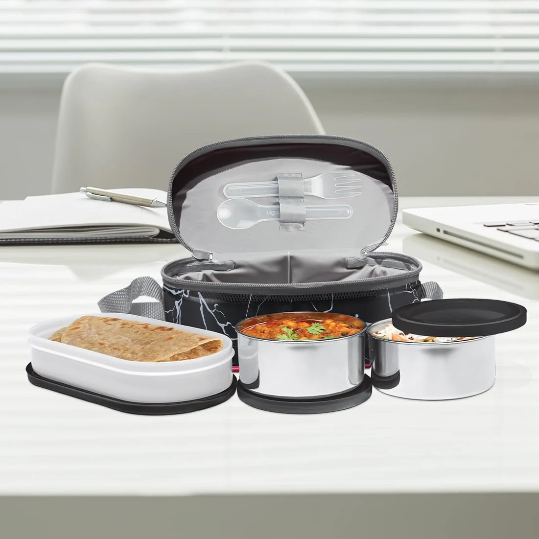 Milton Executive Lunch Box 2 Inner Steel Round Containers 280ml Each and 1 Microwave Safe Oval Plastic Container 450ml with Insulated Bag Office Tiffin Leakproof Easy to Carry - Black - Image 7