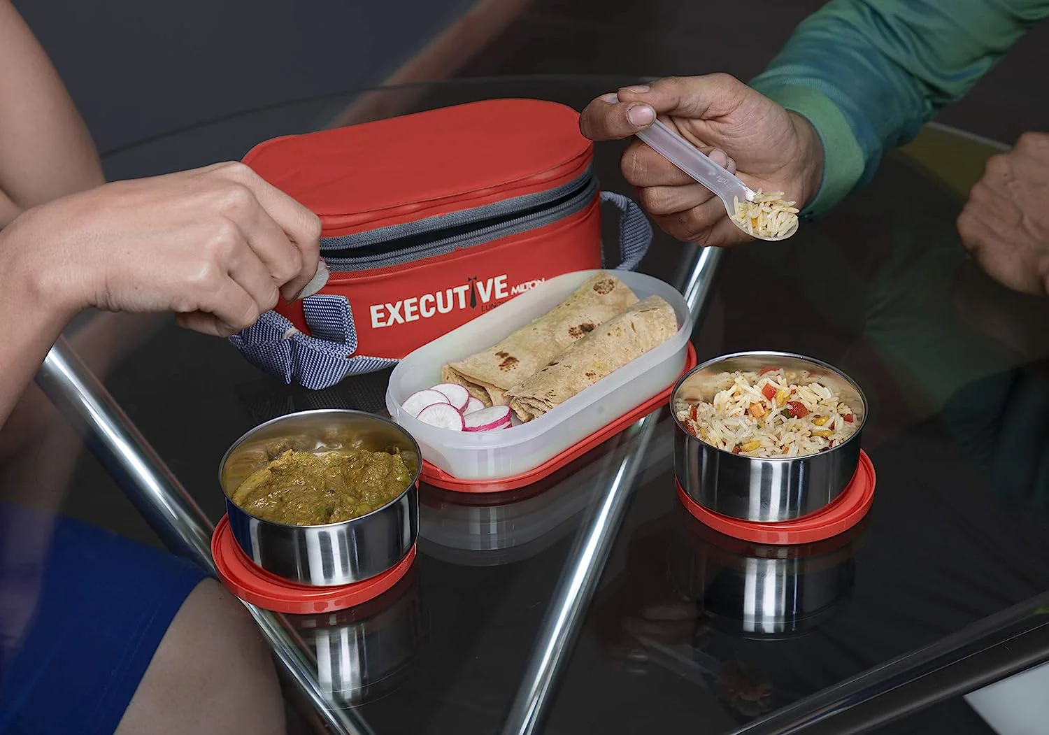 Milton Executive Lunch Insulated Tiffin, 2 Round Containers, 280 ml Each, 1 Oval Container, 450 ml, Red| Microwave Safe | Easy to Carry | Leak Proof | Insulated Tiffin | Hot Food - Image 3