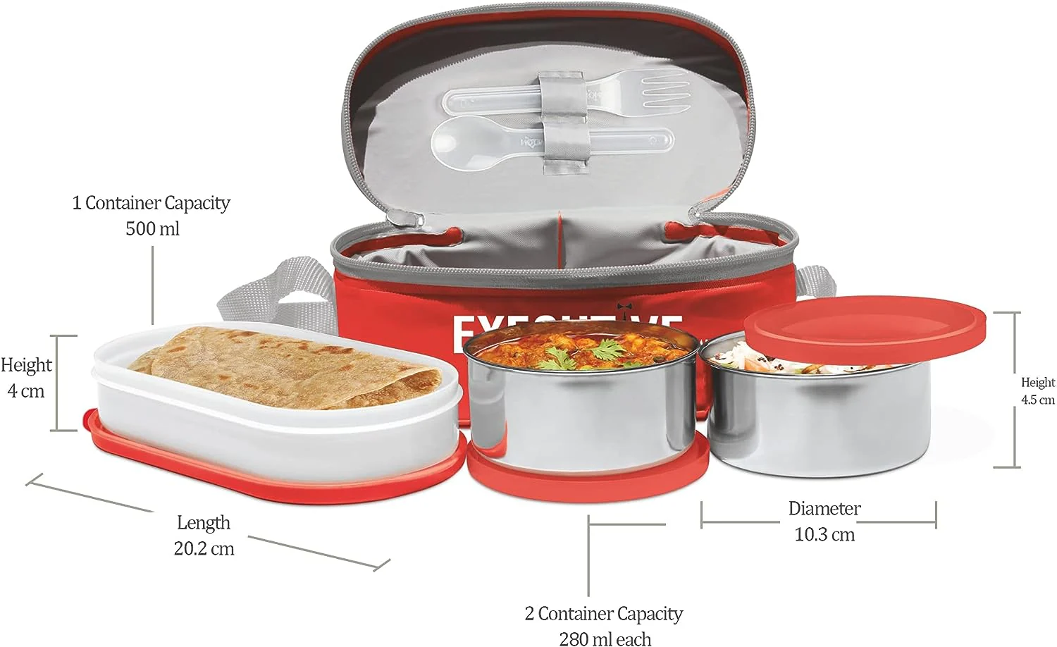 Milton Executive Lunch Insulated Tiffin, 2 Round Containers, 280 ml Each, 1 Oval Container, 450 ml, Red| Microwave Safe | Easy to Carry | Leak Proof | Insulated Tiffin | Hot Food - Image 4
