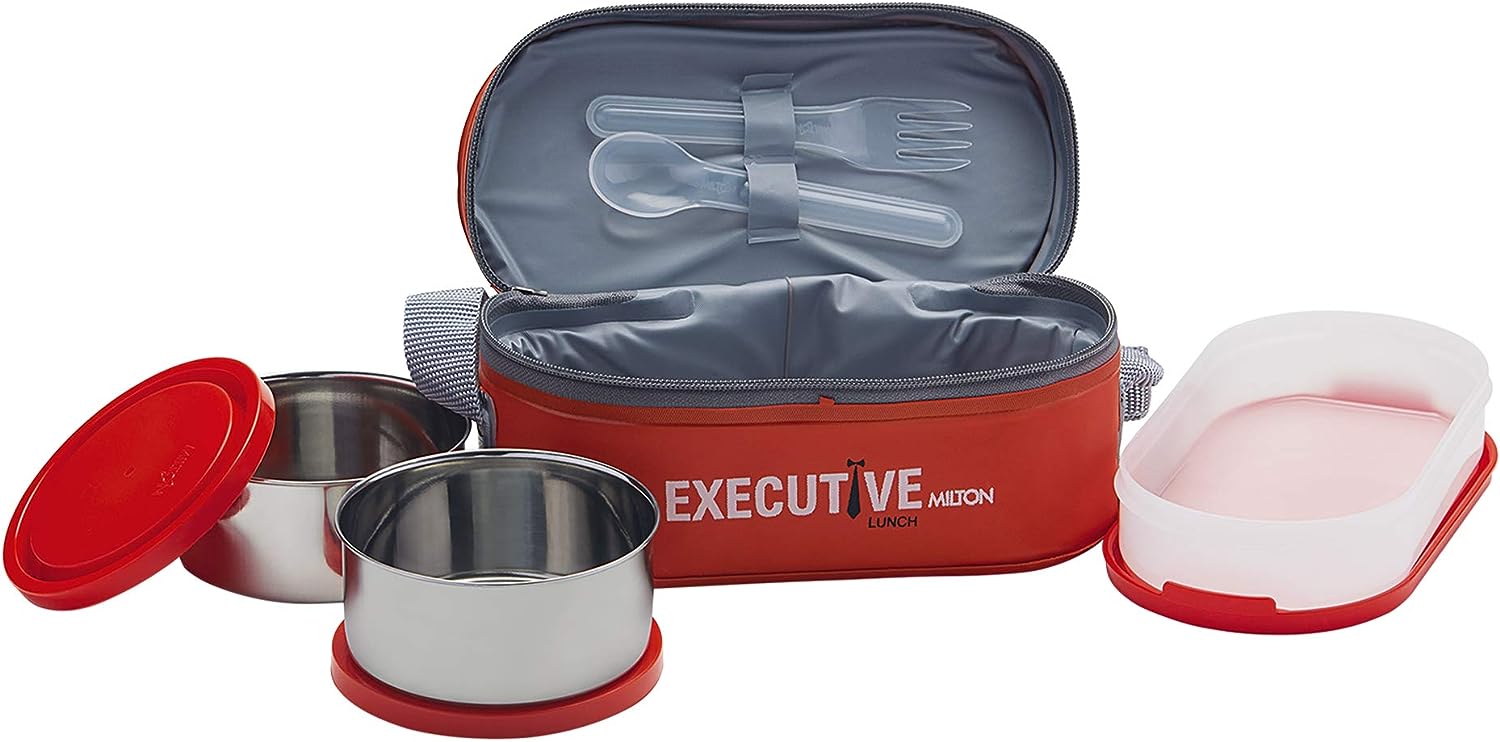 Milton Executive Lunch Insulated Tiffin, 2 Round Containers, 280 ml Each, 1 Oval Container, 450 ml, Red| Microwave Safe | Easy to Carry | Leak Proof | Insulated Tiffin | Hot Food - Image 5