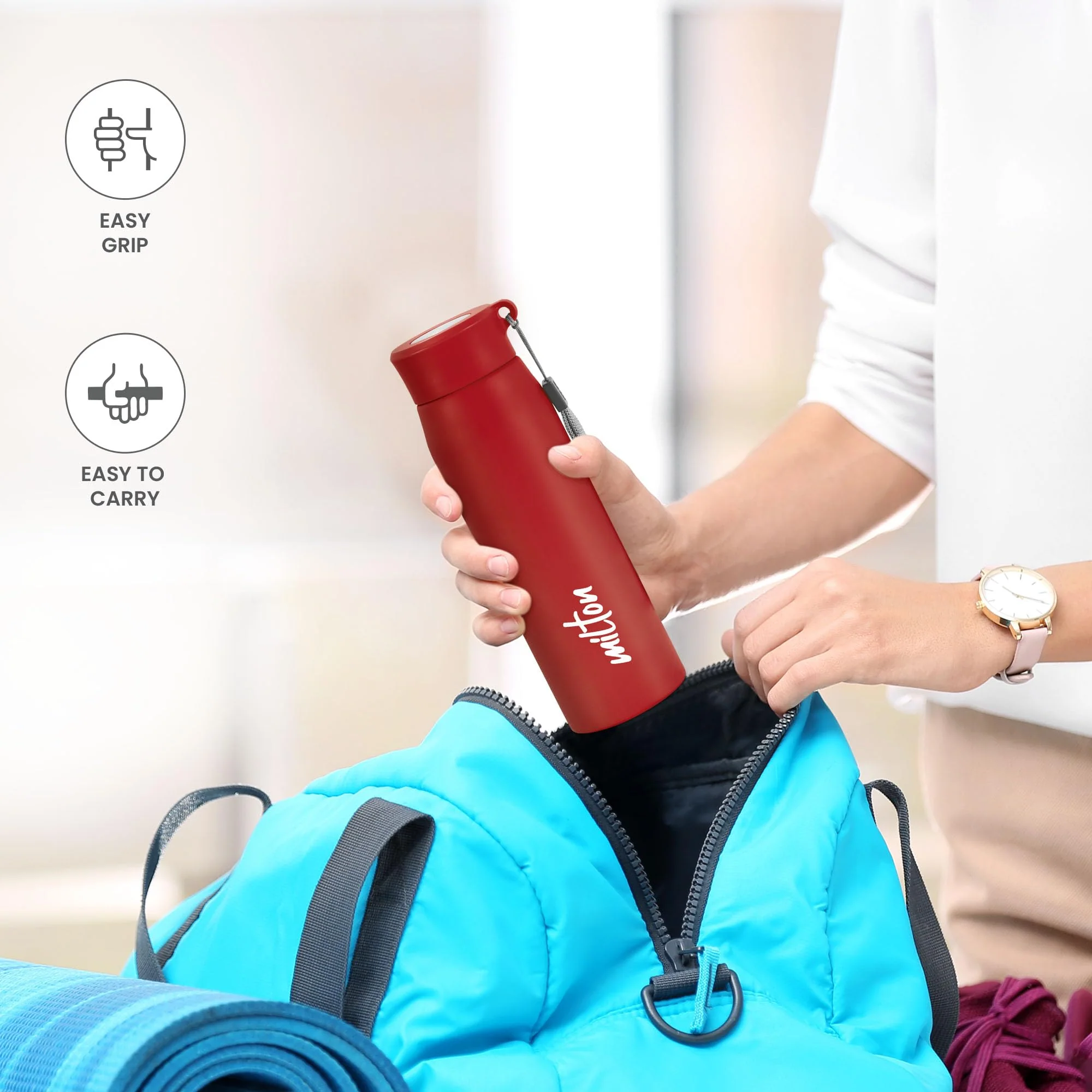 Milton Handy 650 Stainless Steel Water Bottle, 690 ml water bottles, Single walled, Leak-Proof, Rust-free Steel Bottle, Easy Grip, Easy to Carry, Travel Bottle, Red - Image 3