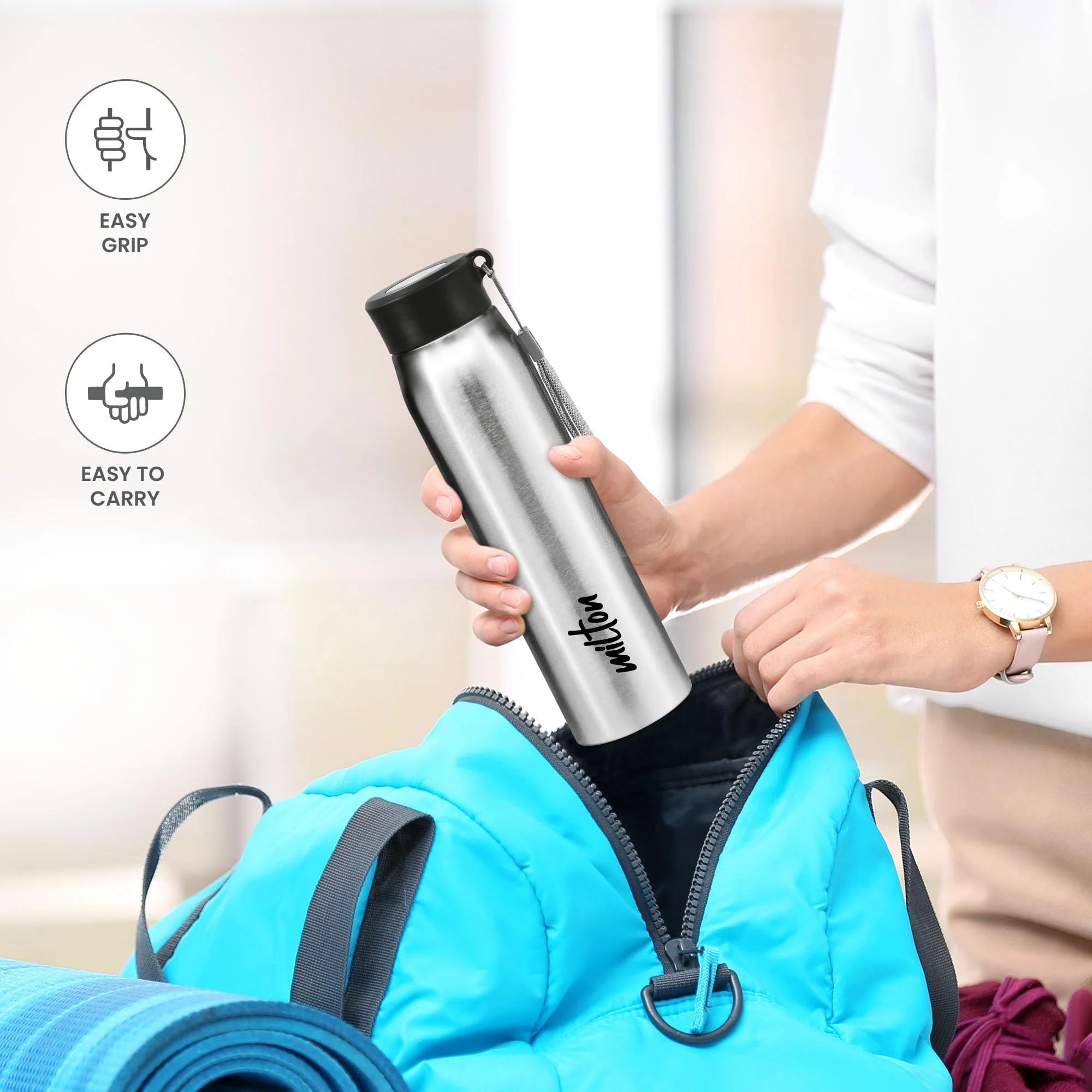 Milton Handy 850 Stainless Steel Water Bottle, 780 ml, Silver | Single walled | Leak Proof | Easy Grip | Easy to Carry | Gym Bottle | Home | Kitchen | Hiking | Treking Bottle | Travel Bottle - Image 3