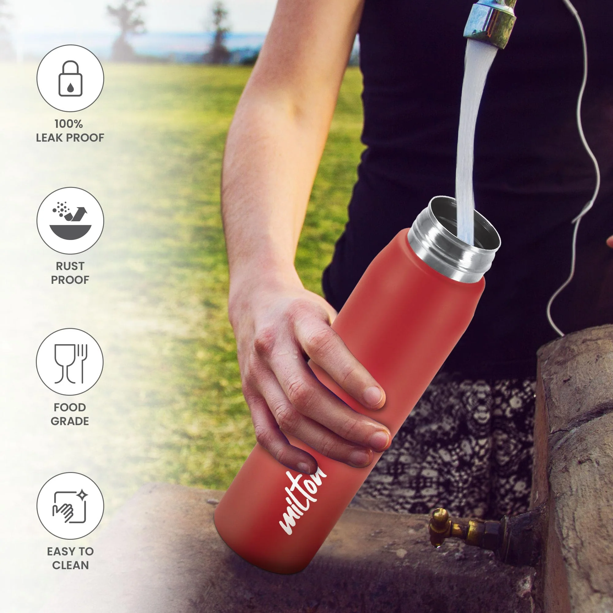 Milton Handy 850 Stainless Steel Water Bottle, 780 ml water bottles, Single walled, Leak-Proof, Rust-free Steel Bottle, Easy Grip, Easy to Carry, Travel Bottle, Red - Image 2