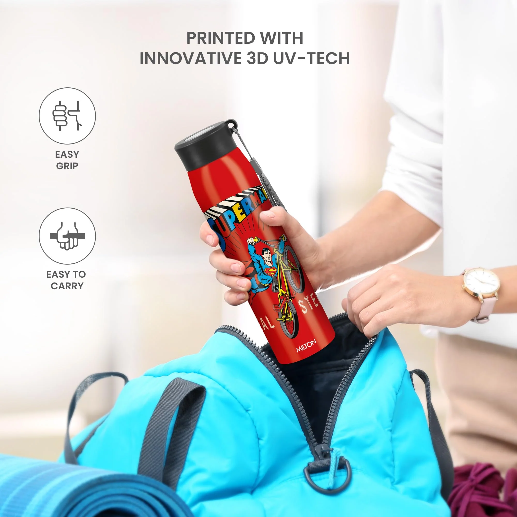 Milton Handy Design 850 Stainless Steel Water Bottle, 780 ml, Red (Super Heroes - Superman)| Single walled | Leak Proof | Gym Bottle | Home | Kitchen | Hiking | Treking Bottle | Travel Bottle - Image 3