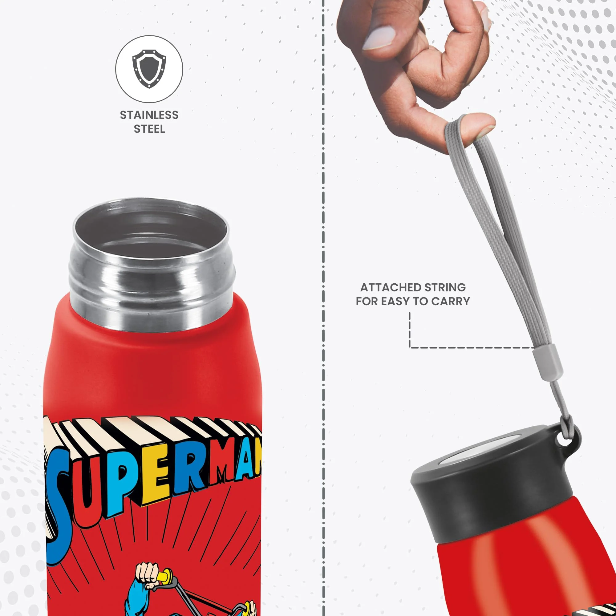 Milton Handy Design 850 Stainless Steel Water Bottle, 780 ml, Red (Super Heroes - Superman)| Single walled | Leak Proof | Gym Bottle | Home | Kitchen | Hiking | Treking Bottle | Travel Bottle - Image 5