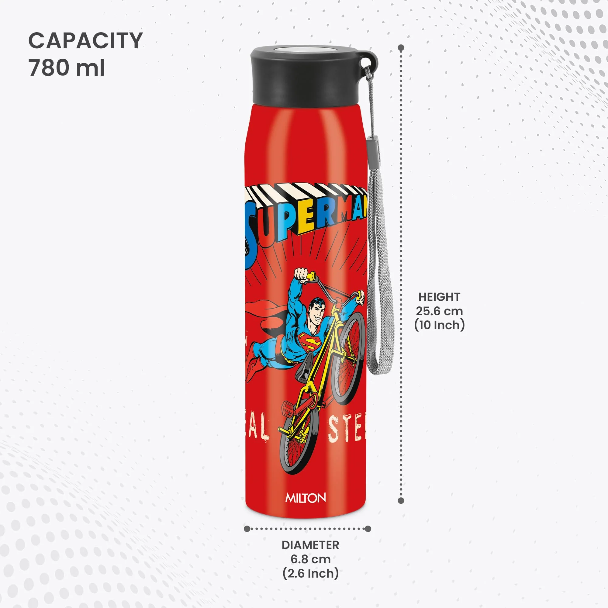 Milton Handy Design 850 Stainless Steel Water Bottle, 780 ml, Red (Super Heroes - Superman)| Single walled | Leak Proof | Gym Bottle | Home | Kitchen | Hiking | Treking Bottle | Travel Bottle - Image 6