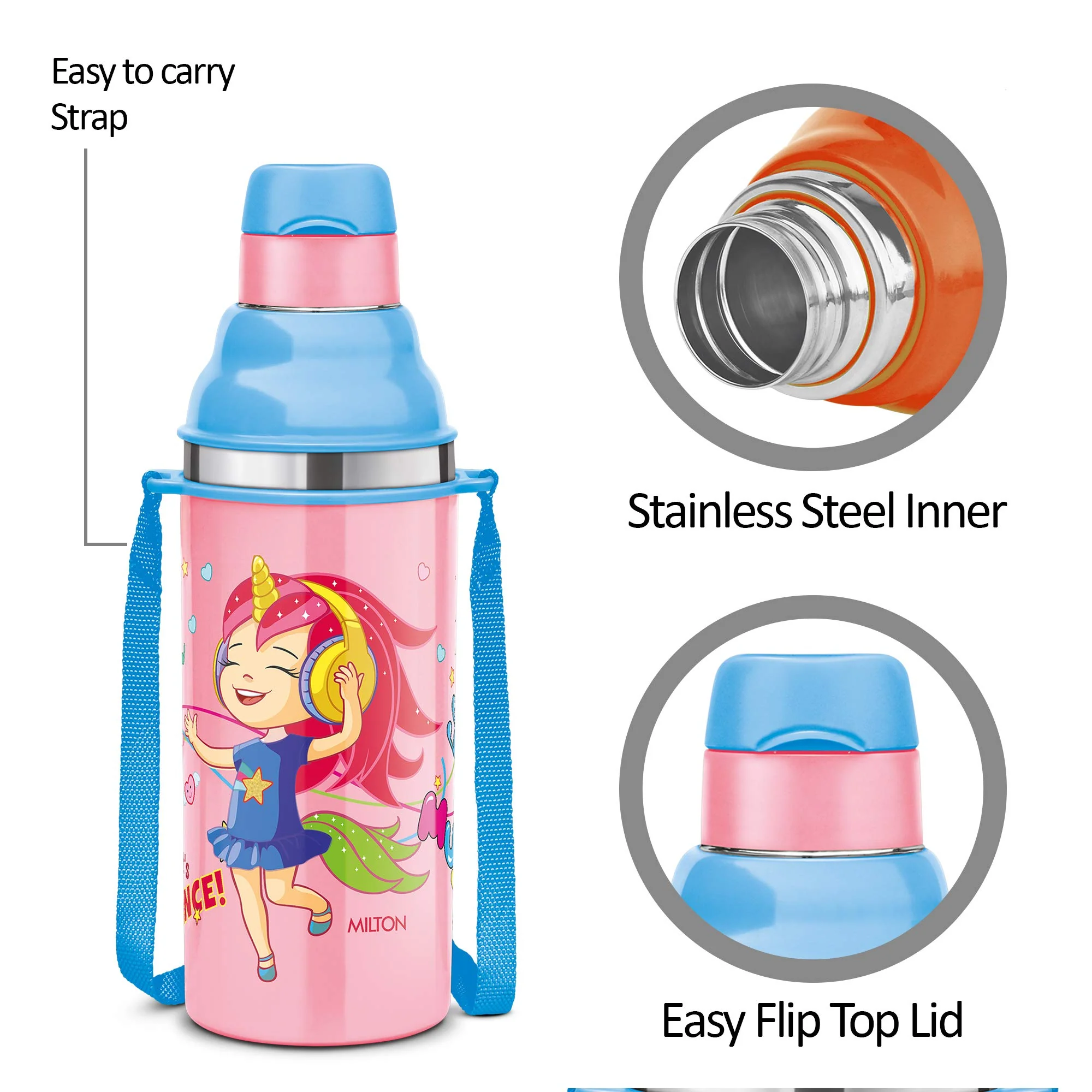 Milton Kool Stunner 400 Kids Plastic Insulated Water Bottle with Straw, 404 ml, Sipper Bottle, Leak Proof, BPA Free, Food Grade, School & Picnic Bottle, Pink - Image 2