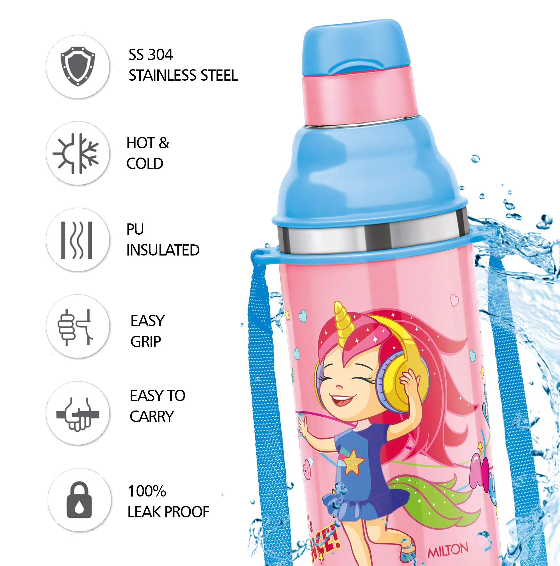 Milton Kool Stunner 400 Kids Plastic Insulated Water Bottle with Straw, 404 ml, Sipper Bottle, Leak Proof, BPA Free, Food Grade, School & Picnic Bottle, Pink - Image 3