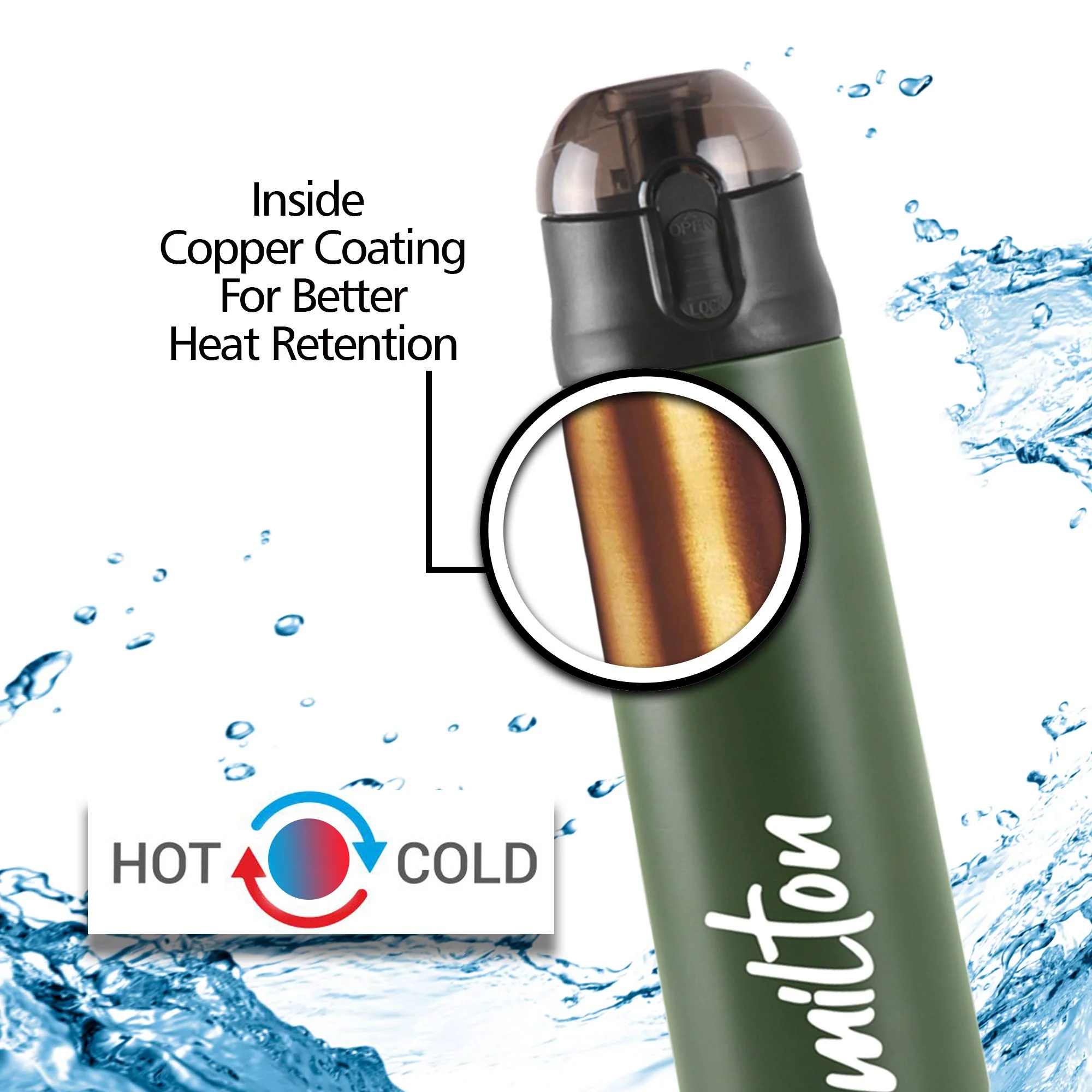 Milton New Crown 600 Thermosteel Bottle with One Touch Safety Lock, 500 ml Water Bottles, 24 Hours Hot and Cold, Easy to Carry, Easy Grip, Rust Proof, Tea, Coffee, Office, Travel Bottle, Green - Image 2