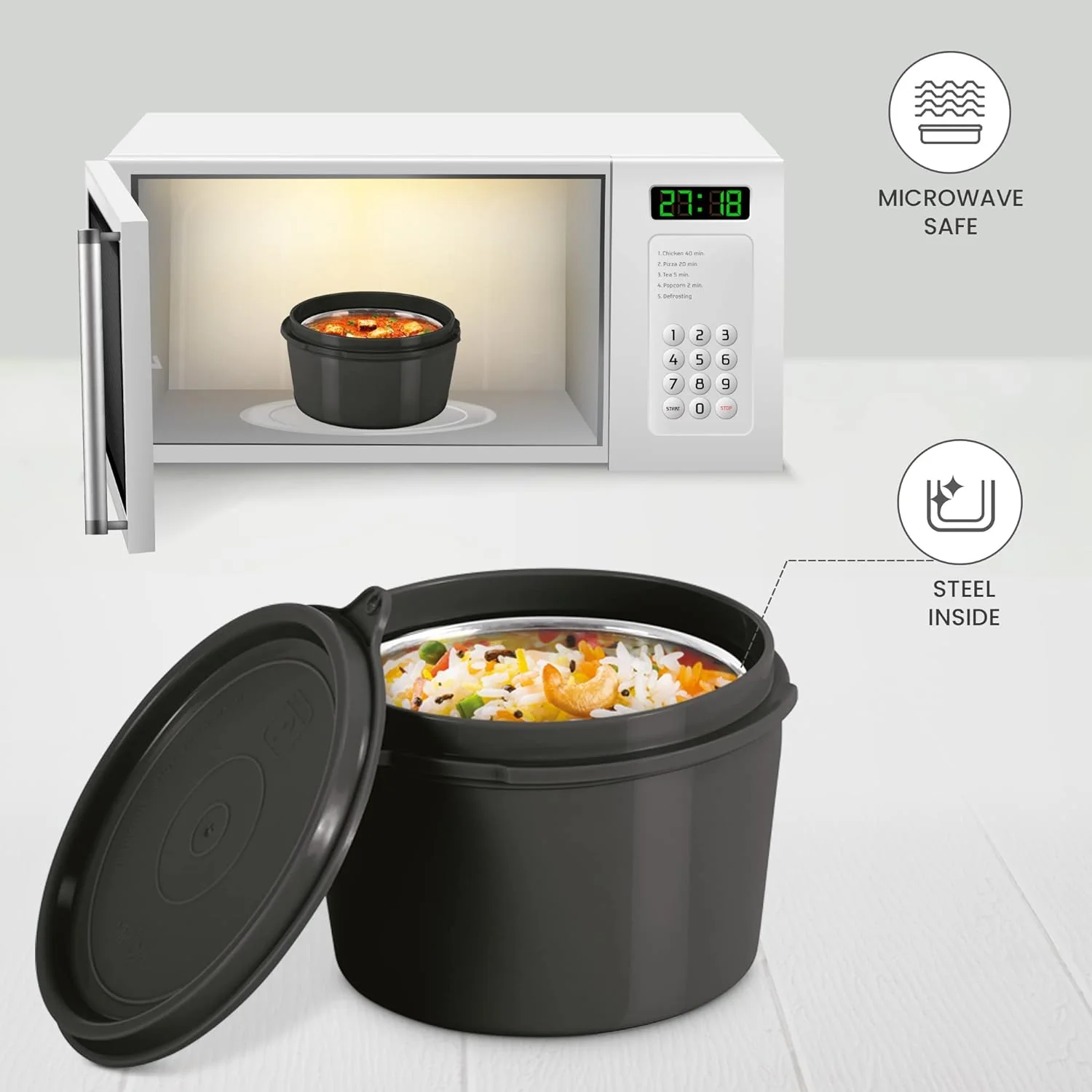 Milton Savor Lunch Tiffin (3 Microwave Safe Inner Steel Containers, 180/320/450 ml; 1 Plastic Chutney Dabba,100ml; 1 Aqua Steel Bottle, 750ml, Steel Spoon and Fork) With Insulated Fabric Jacket - Black - Image 4