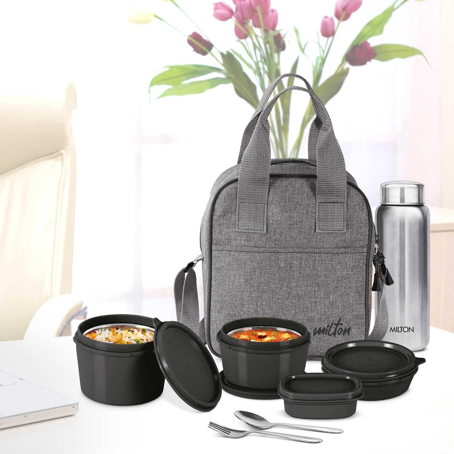 Milton Savor Lunch Tiffin (3 Microwave Safe Inner Steel Containers, 180/320/450 ml; 1 Plastic Chutney Dabba,100ml; 1 Aqua Steel Bottle, 750ml, Steel Spoon and Fork) With Insulated Fabric Jacket - Black - Image 5