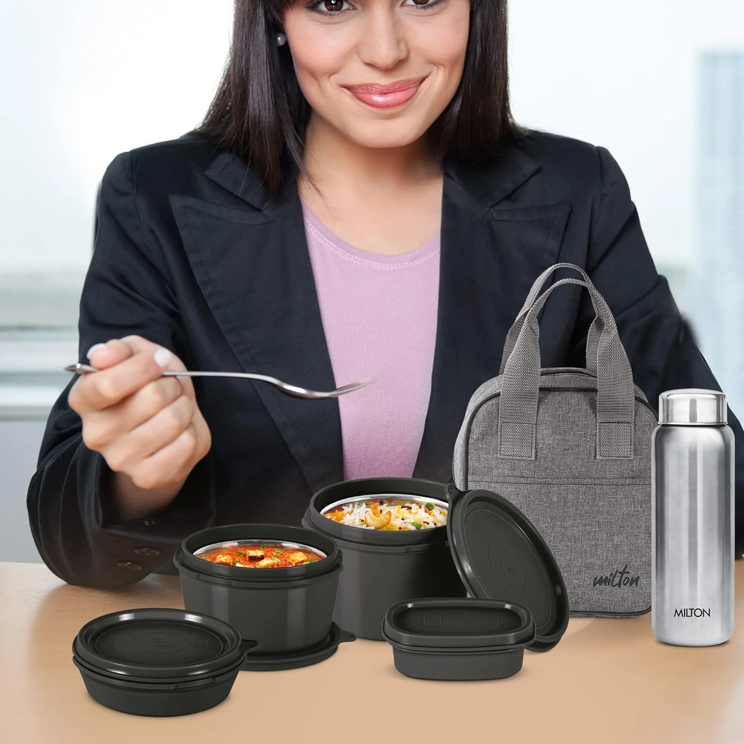 Milton Savor Lunch Tiffin (3 Microwave Safe Inner Steel Containers, 180/320/450 ml; 1 Plastic Chutney Dabba,100ml; 1 Aqua Steel Bottle, 750ml, Steel Spoon and Fork) With Insulated Fabric Jacket - Black - Image 6