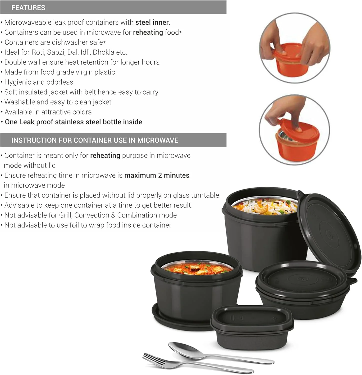 Milton Savor Lunch Tiffin (3 Microwave Safe Inner Steel Containers, 180/320/450 ml; 1 Plastic Chutney Dabba,100ml; 1 Aqua Steel Bottle, 750ml, Steel Spoon and Fork) With Insulated Fabric Jacket - Black - Image 7