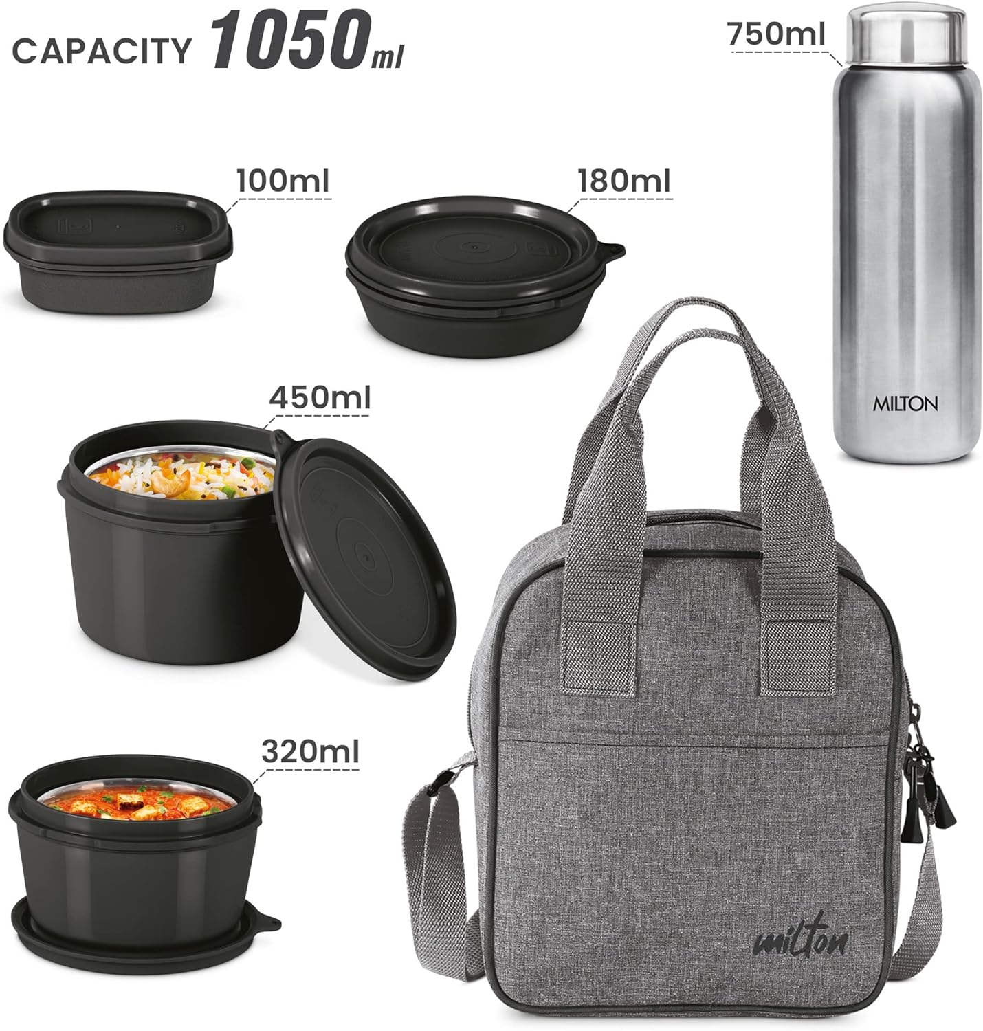 Milton Savor Lunch Tiffin (3 Microwave Safe Inner Steel Containers, 180/320/450 ml; 1 Plastic Chutney Dabba,100ml; 1 Aqua Steel Bottle, 750ml, Steel Spoon and Fork) With Insulated Fabric Jacket - Black - Image 8