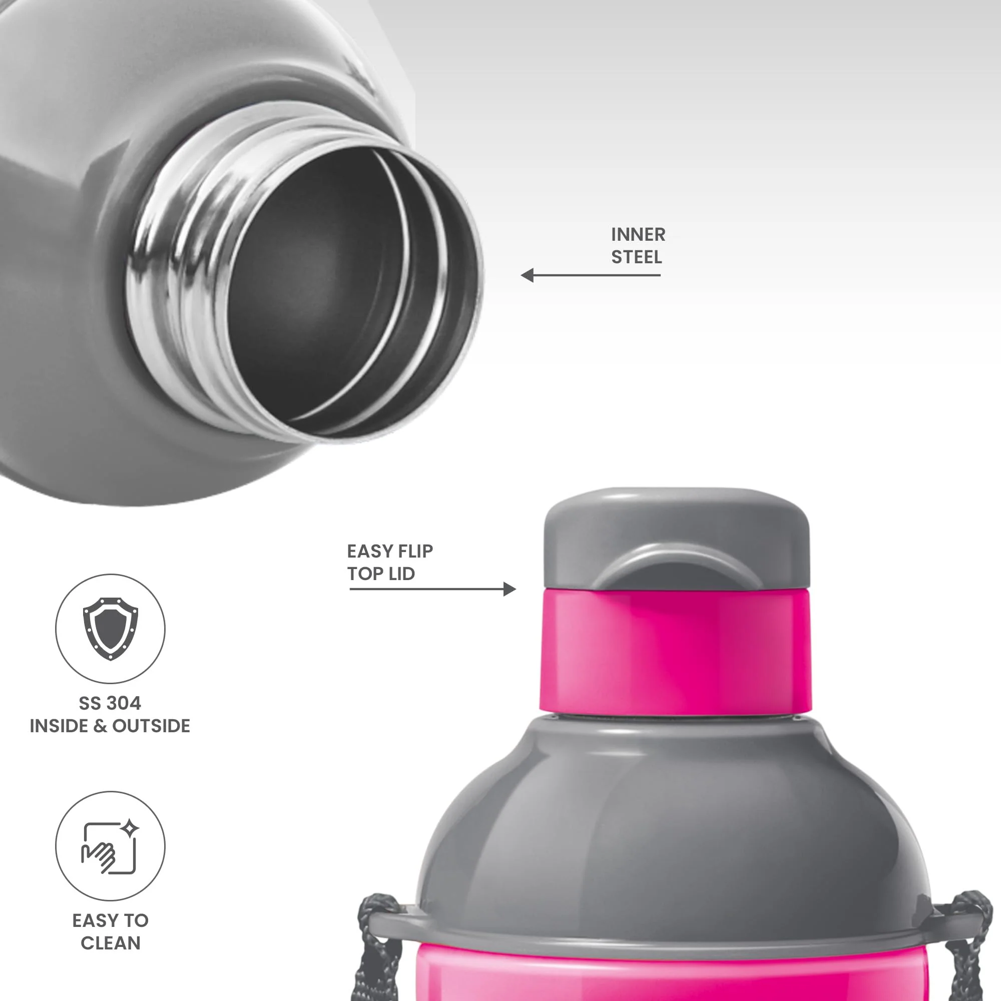 Milton Steel Barbie 400 Insulated Inner Stainless Steel Kids Water Bottle, 390 ml, Cherry Pink & Grey | PU Insulated | Hot & Cold | Easy to Carry | Leak Proof - Image 3