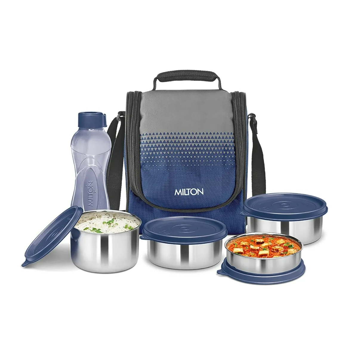 Milton Tasty 4 Stainless Steel Combo Lunch Box With 4 Containers, (1 - 200 ml, 2 - 320 ml Each, 1 - 500 ml) and 1 Bottle, 500 ml, Blue| Leak proof | Easy to carry | Odour Proof | Food Grade | Light Weight | Easy to Clean