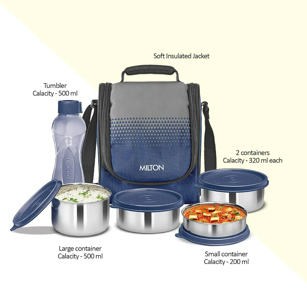 Milton Tasty 4 Stainless Steel Combo Lunch Box With 4 Containers, (1 - 200 ml, 2 - 320 ml Each, 1 - 500 ml) and 1 Bottle, 500 ml, Blue| Leak proof | Easy to carry | Odour Proof | Food Grade | Light Weight | Easy to Clean - Image 2
