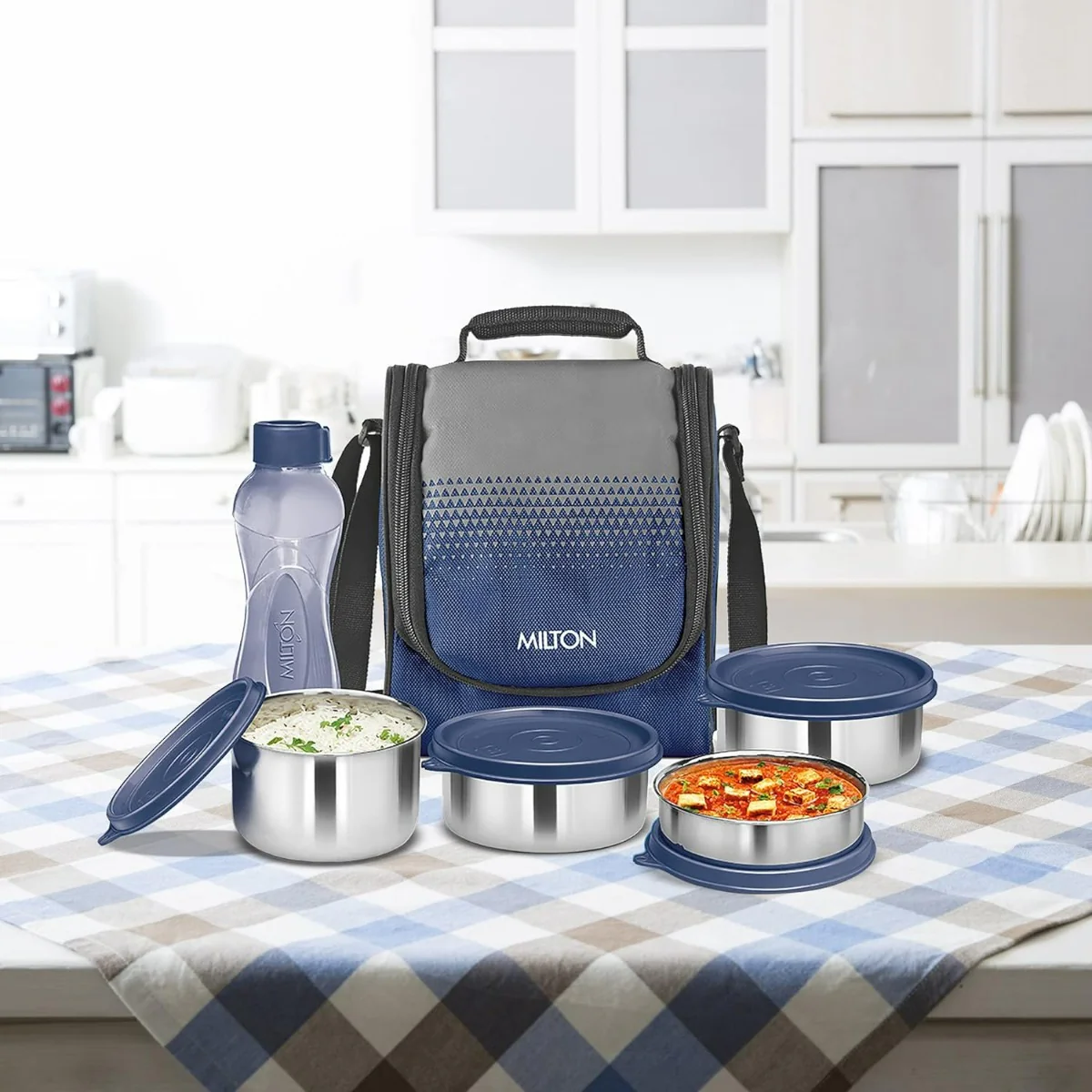 Milton Tasty 4 Stainless Steel Combo Lunch Box With 4 Containers, (1 - 200 ml, 2 - 320 ml Each, 1 - 500 ml) and 1 Bottle, 500 ml, Blue| Leak proof | Easy to carry | Odour Proof | Food Grade | Light Weight | Easy to Clean - Image 3