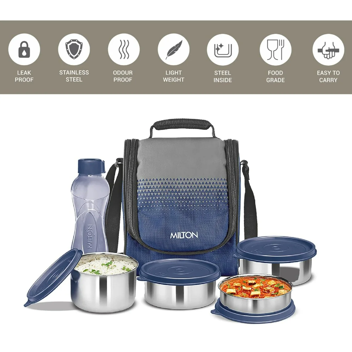 Milton Tasty 4 Stainless Steel Combo Lunch Box With 4 Containers, (1 - 200 ml, 2 - 320 ml Each, 1 - 500 ml) and 1 Bottle, 500 ml, Blue| Leak proof | Easy to carry | Odour Proof | Food Grade | Light Weight | Easy to Clean - Image 5