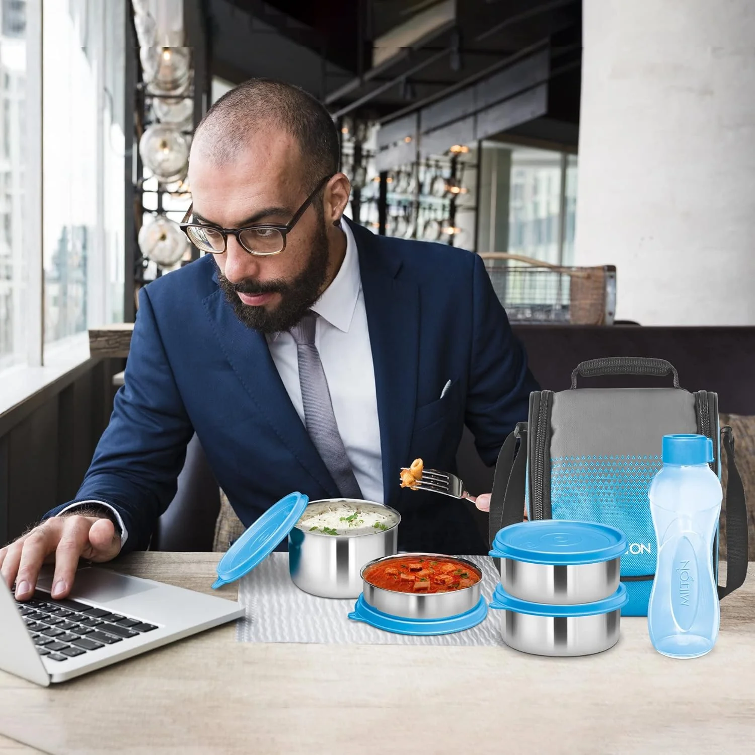 Milton Tasty 4 Stainless Steel Combo Lunch Box With 4 Containers, (1 - 200 ml, 2 - 320 ml Each, 1 - 500 ml) and 1 Bottle, 500 ml, Blue| Leak proof | Easy to carry | Odour Proof | Food Grade | Light Weight | Easy to Clean - Image 7