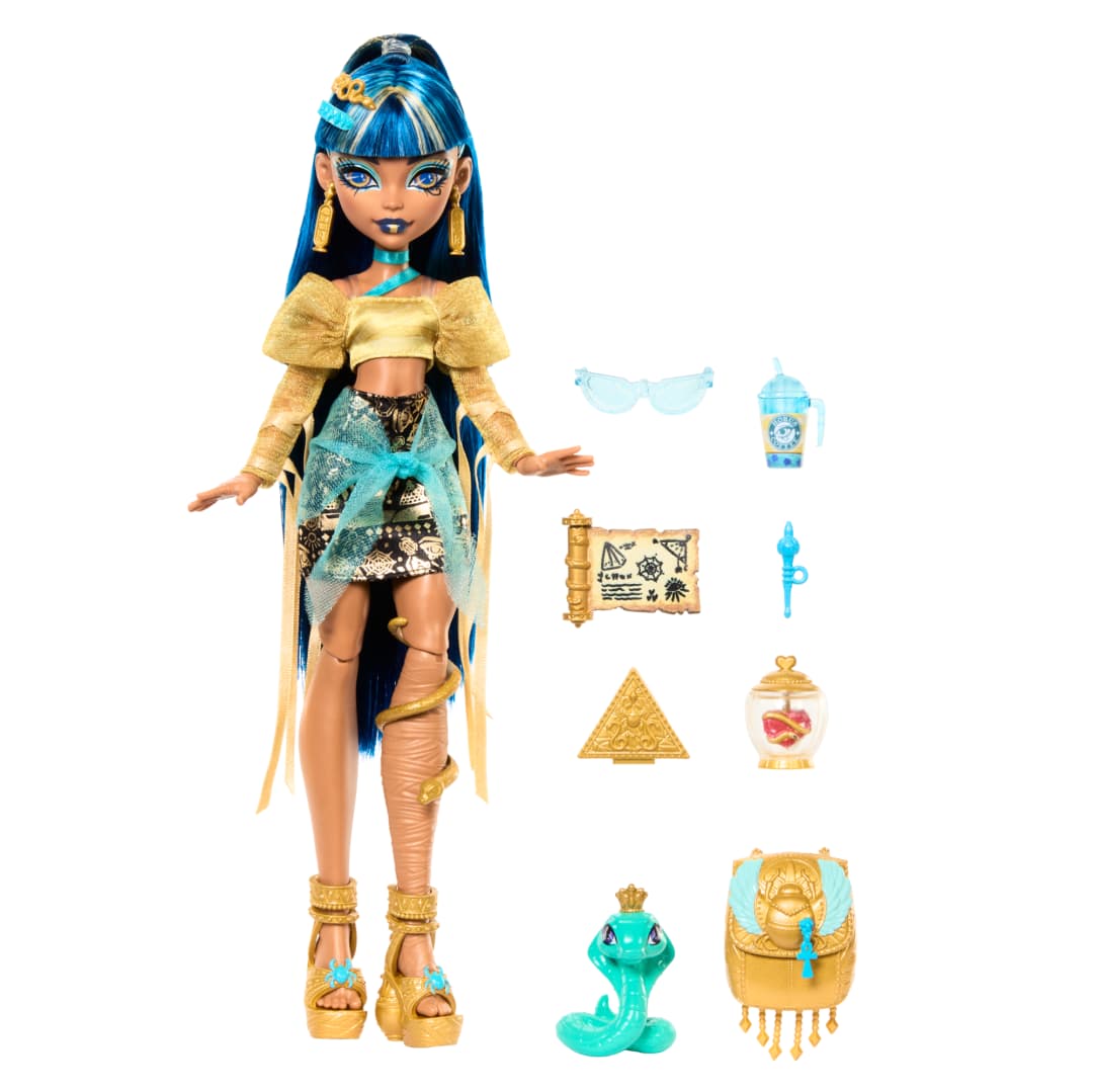 Monster High Cleo De Nile Doll in Golden Blouse & Layered Skirt Includes Pet Cobra Hissette & Accessories Like a Backpack, Snack & Scroll - Image 2