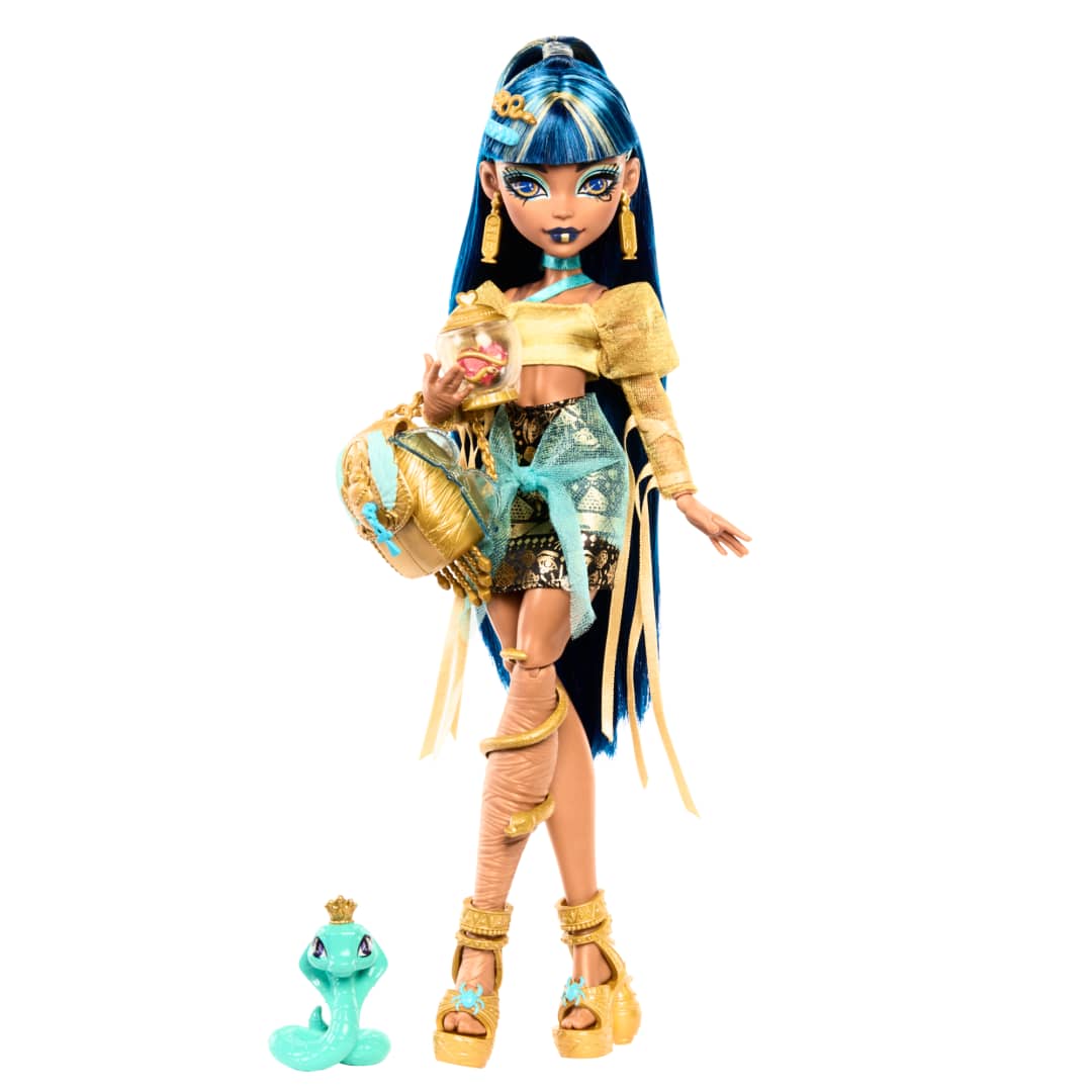 Monster High Cleo De Nile Doll in Golden Blouse & Layered Skirt Includes Pet Cobra Hissette & Accessories Like a Backpack, Snack & Scroll - Image 4
