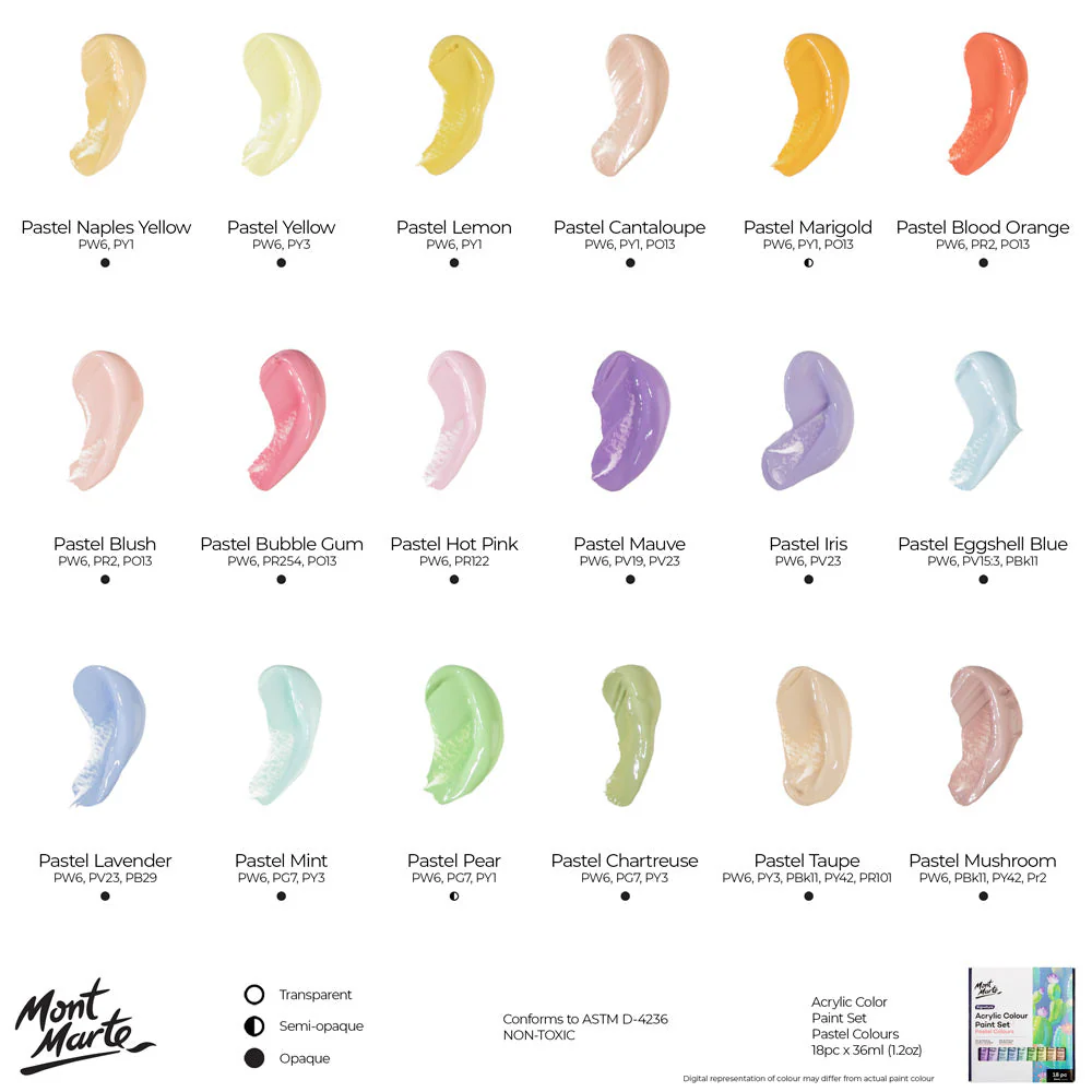 Mont Marte Acrylic Colour Pastel Paint Set Signature 18pc x 36ml - Image 10
