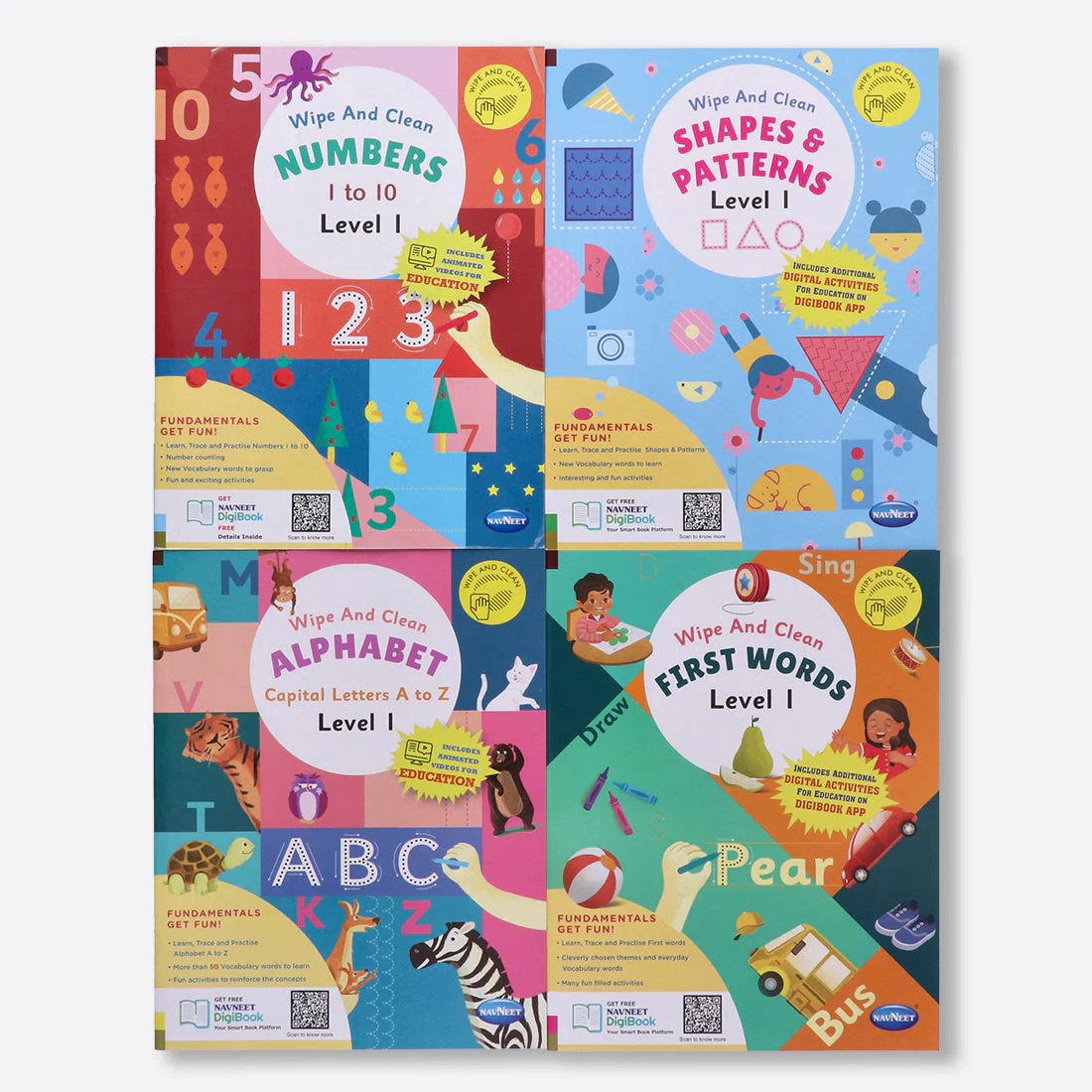 Navneet Wipe and Clean School readiness activity books - set of 4 - Alphabet A to Z, Numbers 1 to 10, First Words, Shapes & Patterns- Writing - Reusable Practice Books Level 1
