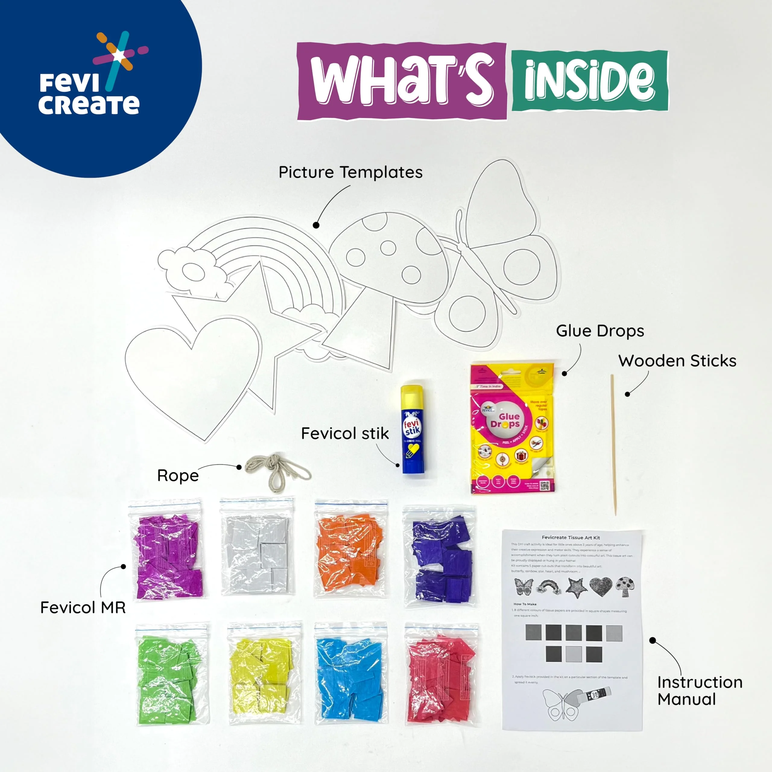 Pidilite Fevicreate Tissue Art Kit, 5 Exciting Templates, Easy to Do for Kids 5+ Yrs, Art & Craft, Do It Yourself Kit - Image 2