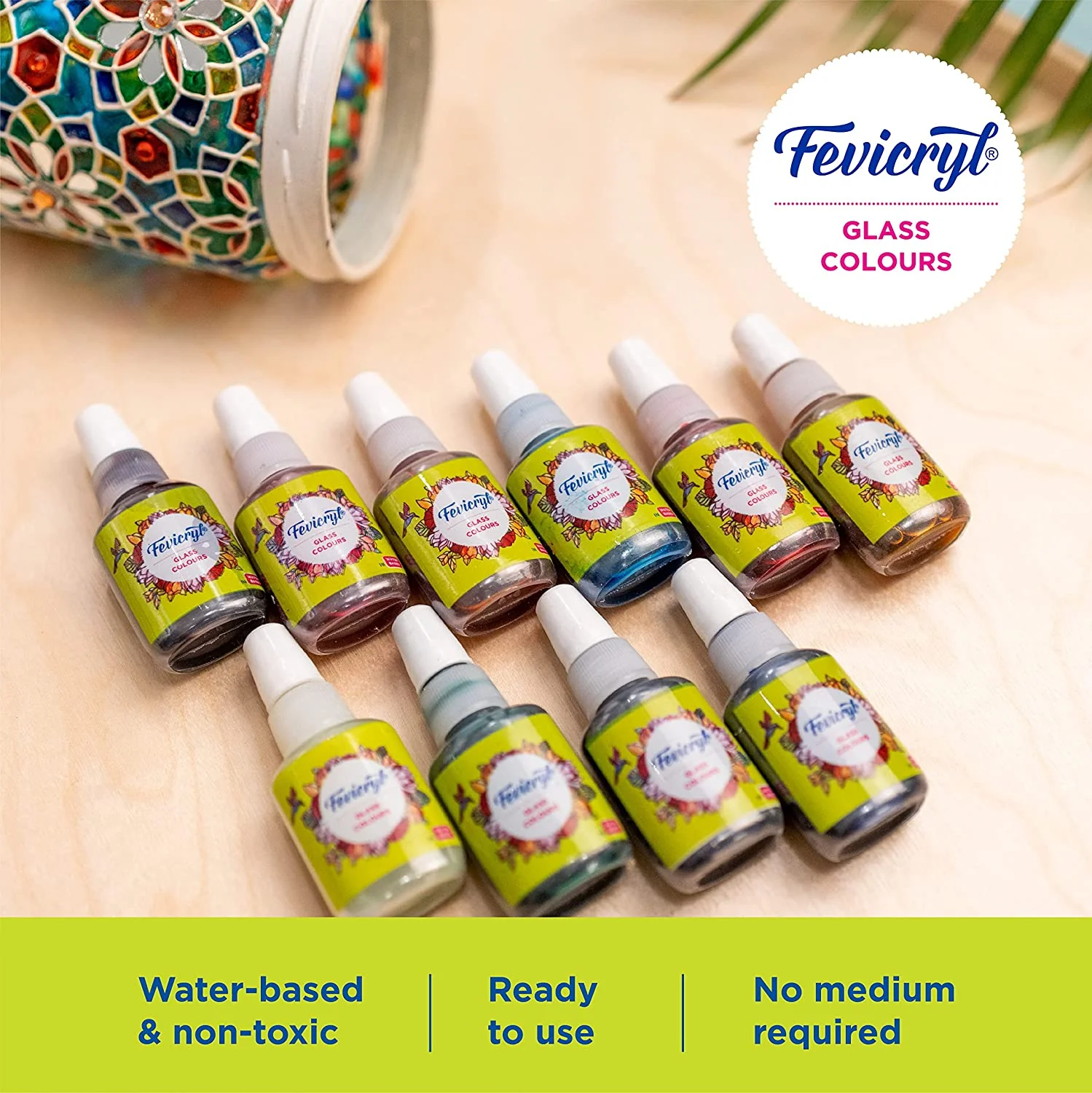 Pidilite Fevicryl Glass Colours Water Based 10 Shades Assorted - Image 2
