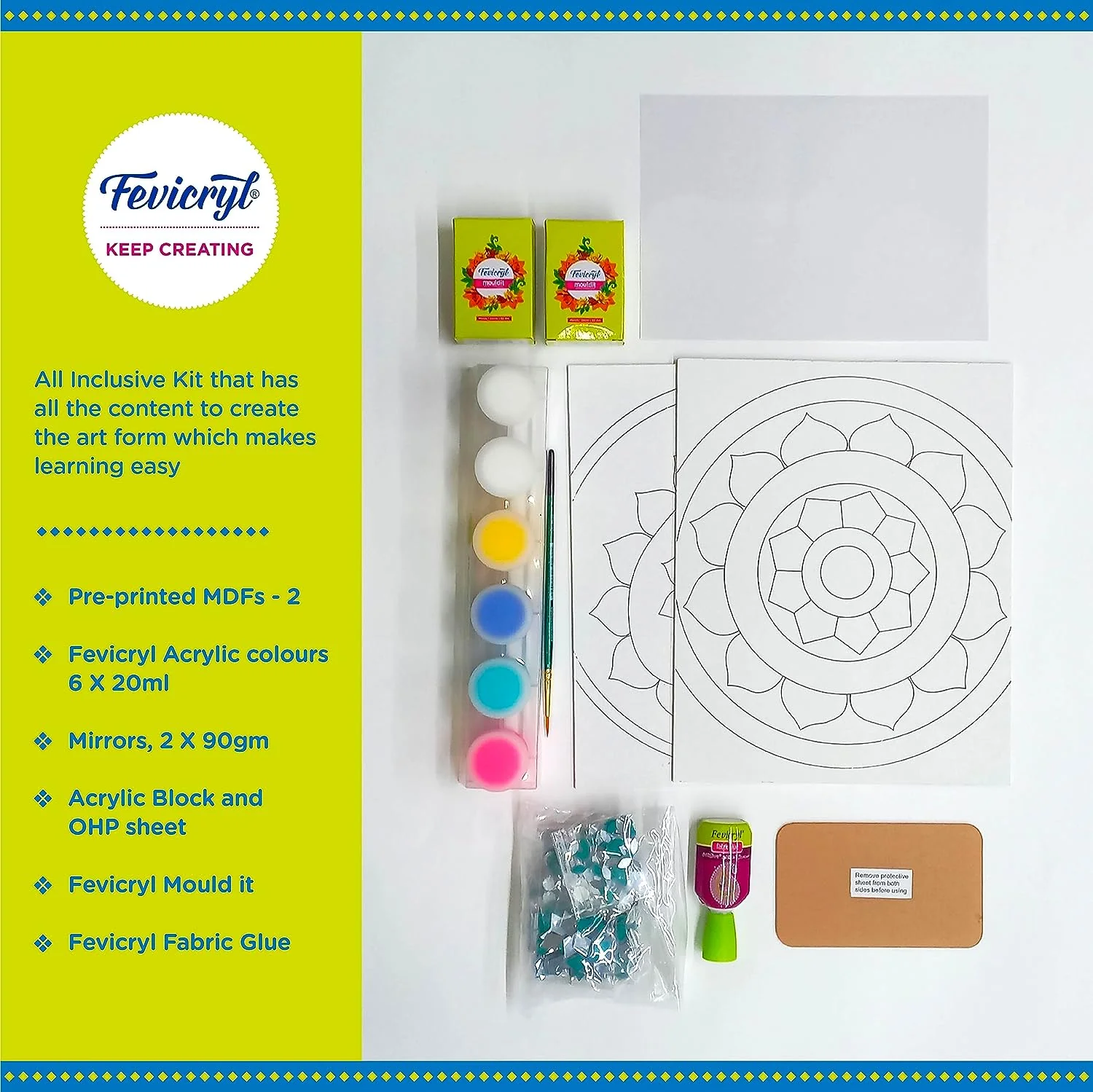 Pidilite Fevicryl Lippan Art Kit: Complete DIY Set, Includes Wooden Boards, Acrylic Paints, Mirror Packets, Brushes, OHP Sheets, Mouldit, and Glue! Ideal for hobbyists - Image 3