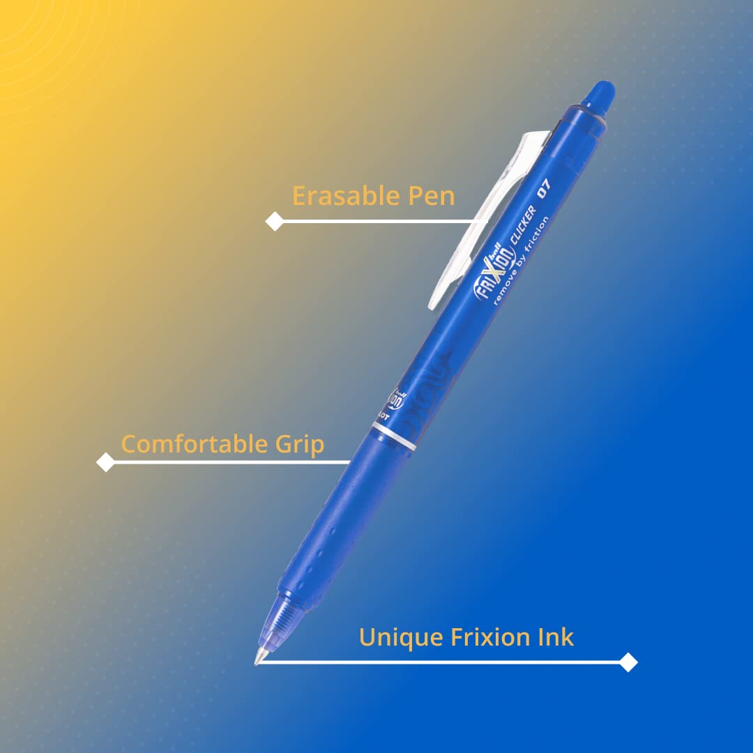 Pilot Frixion Clicker 0.7mm Fine Point Roller Ball Pen with Comfortable Dimpled Grip & Inbuild Eraser | Blue Ink - Image 2