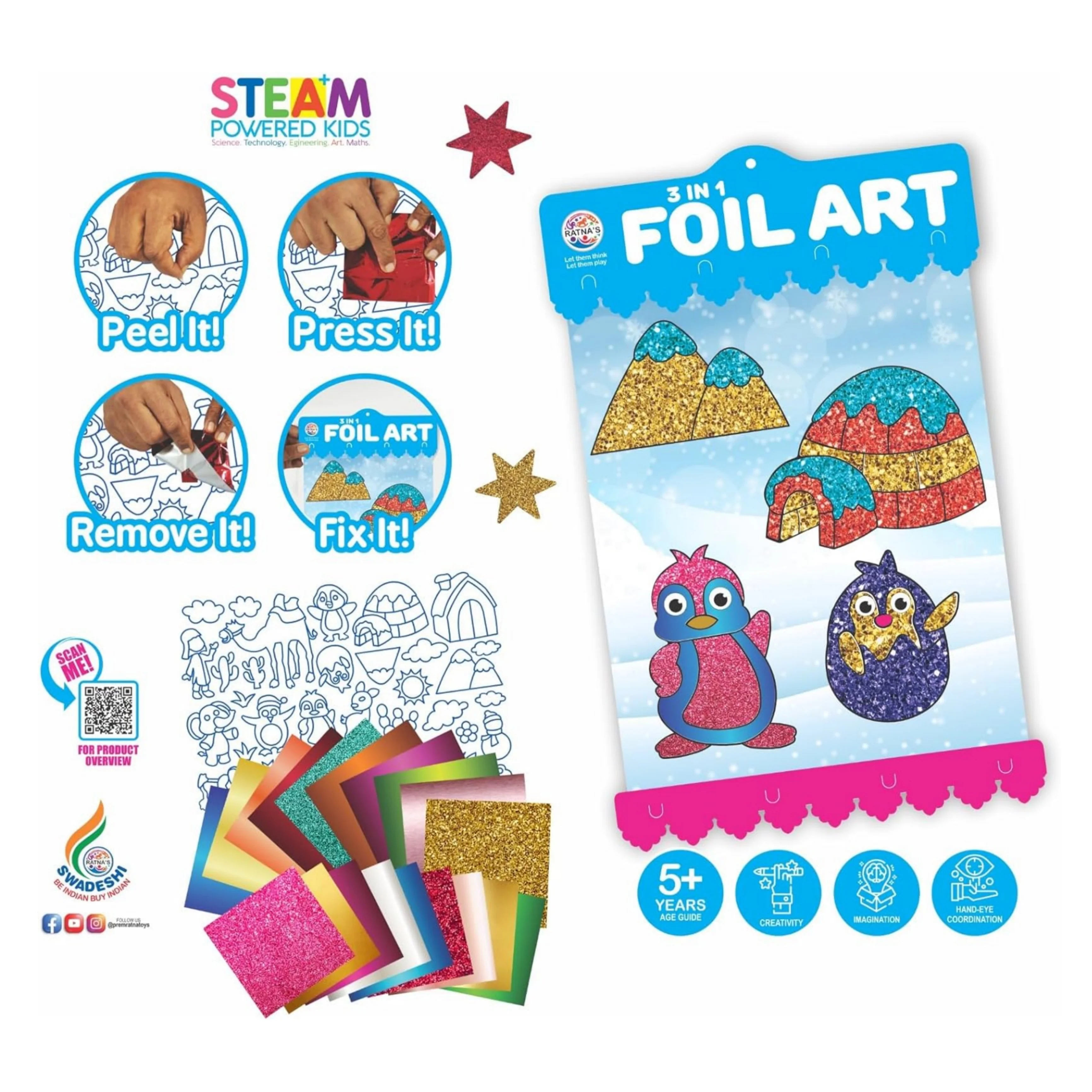 Ratna's 3 in 1 Foil Art DIY Creative Activity Kit, STEAM Powered Art & Craft Activity - Foil Fun Craft Kits & Supplies for Boys & Girls 5+ Years - Image 2