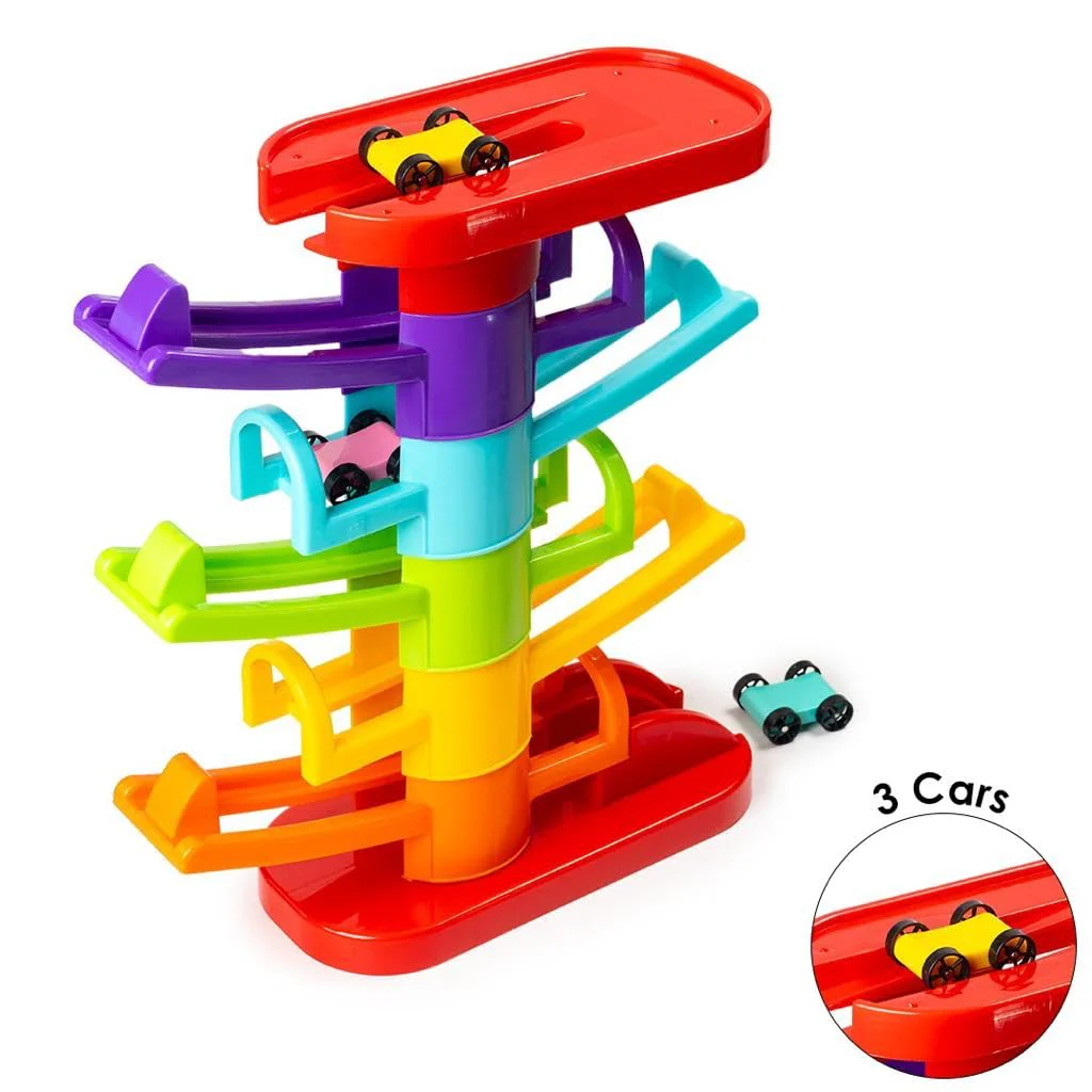Ratna's 3 in 1 Thunder Racer Track Car Ramp 5 Layer Ball Drop & Roll Swirling Tower Toys for Baby and Toddler | Stack, Drop & Go Ramp Toy Set Includes 3 Cars, 3 Sliders & 1 Ball - Image 2