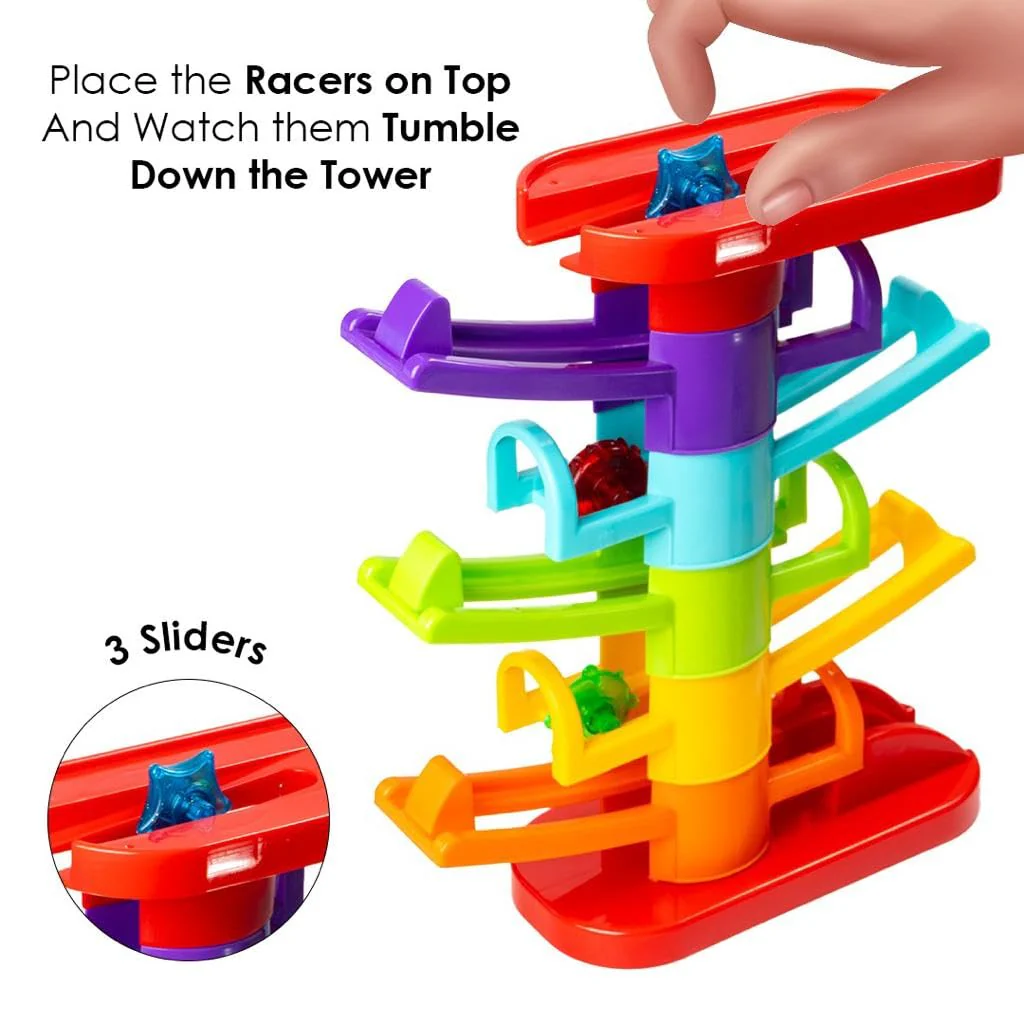 Ratna's 3 in 1 Thunder Racer Track Car Ramp 5 Layer Ball Drop & Roll Swirling Tower Toys for Baby and Toddler | Stack, Drop & Go Ramp Toy Set Includes 3 Cars, 3 Sliders & 1 Ball - Image 4