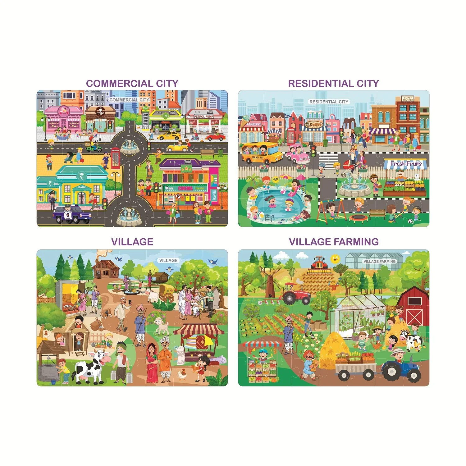 Ratna's 4 in 1 City & Village Life Jigsaw Puzzle for Kids. 4 Jigsaw Puzzles with 35 Pieces Each (Commercial City, Residential City, Village & Village Farming) - Image 3