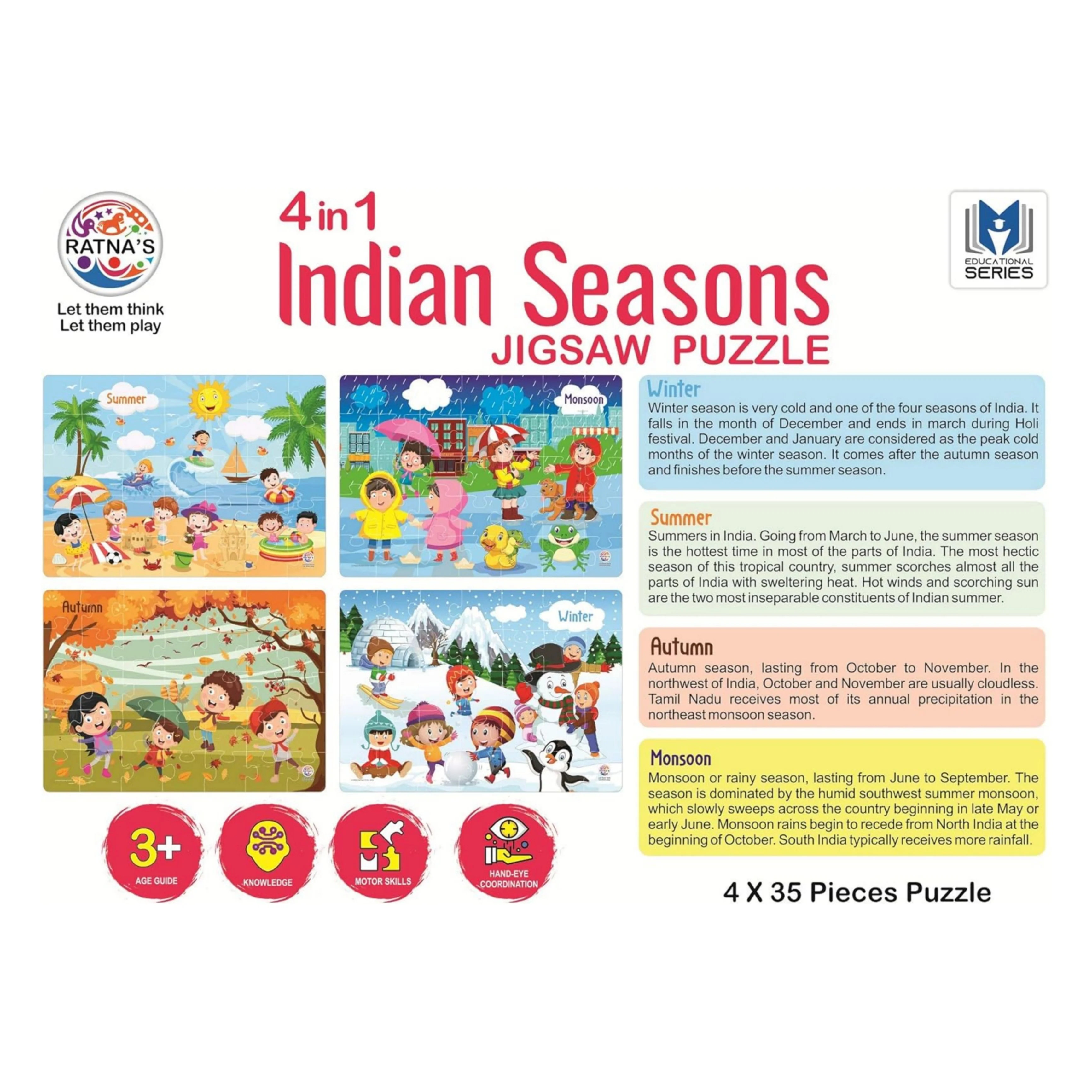 Ratna's 4 in 1 Indian Seasons Jigsaw Puzzle for Kids - Set of 4 | 35-Piece Puzzles | Educational Toy for Cognitive Development | Vibrant Colors | Puzzle Guide Included | Ages 3 and Up - Image 3