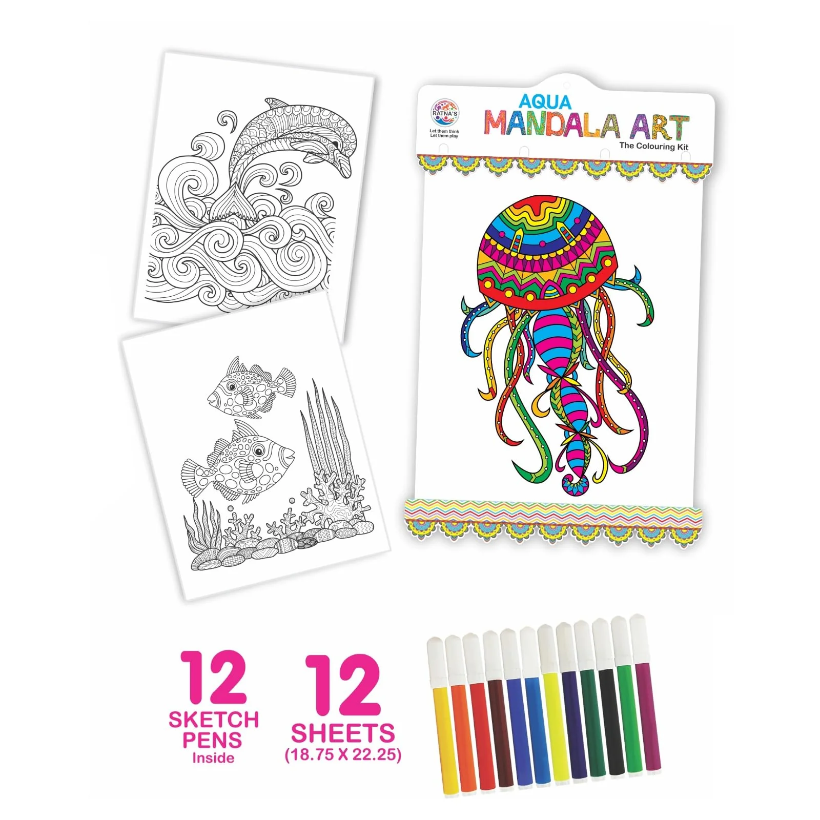Ratna's Aqua Mandala Art Colouring Kit - 20 Sheets (35 x 27.5 cm) with 12 Sketch Pens Inside - Creative Coloring Fun for All Ages - Image 2
